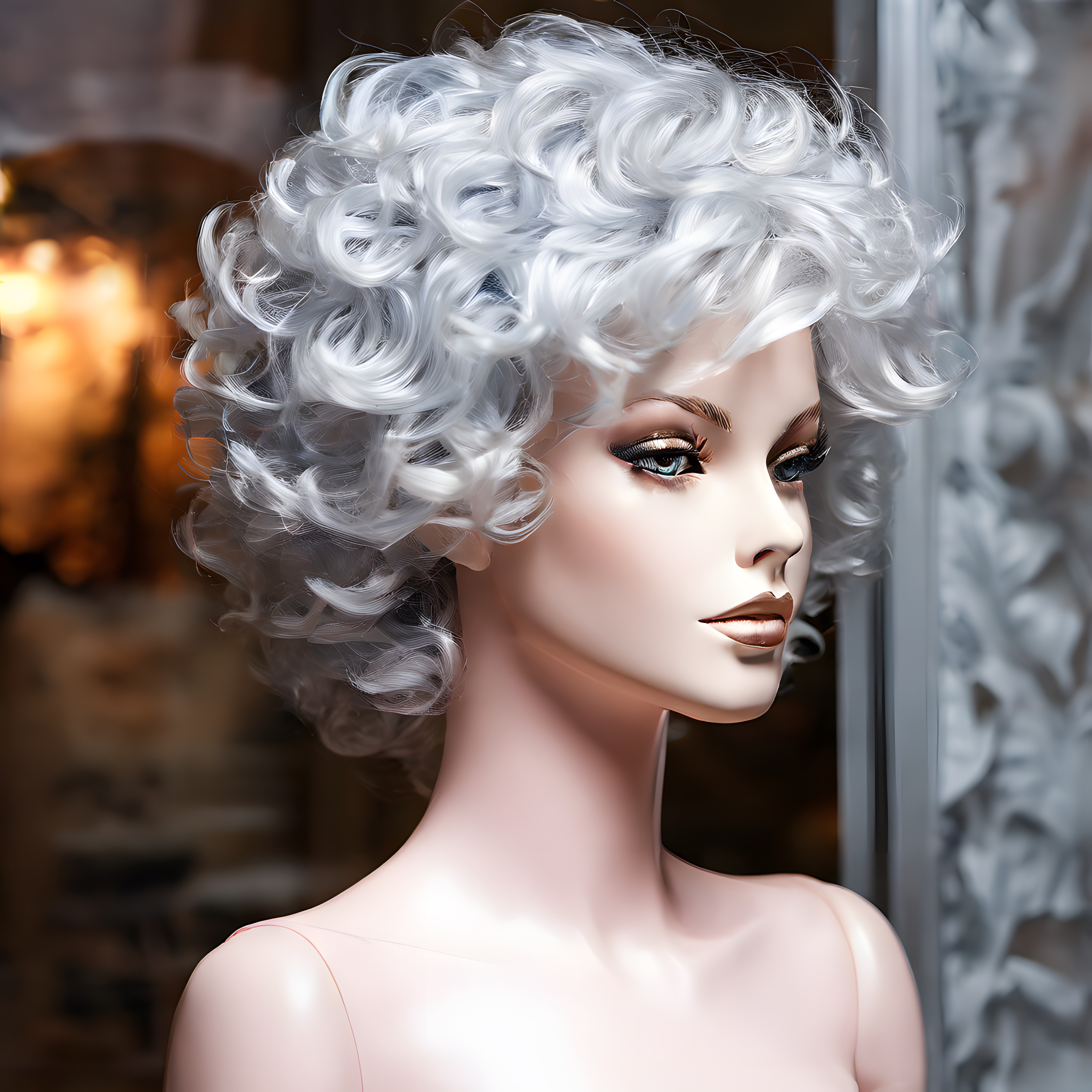 Beyaz Kıvırcık Peruklu Manken: Vintage Güzellik ve Şık Salon Stili