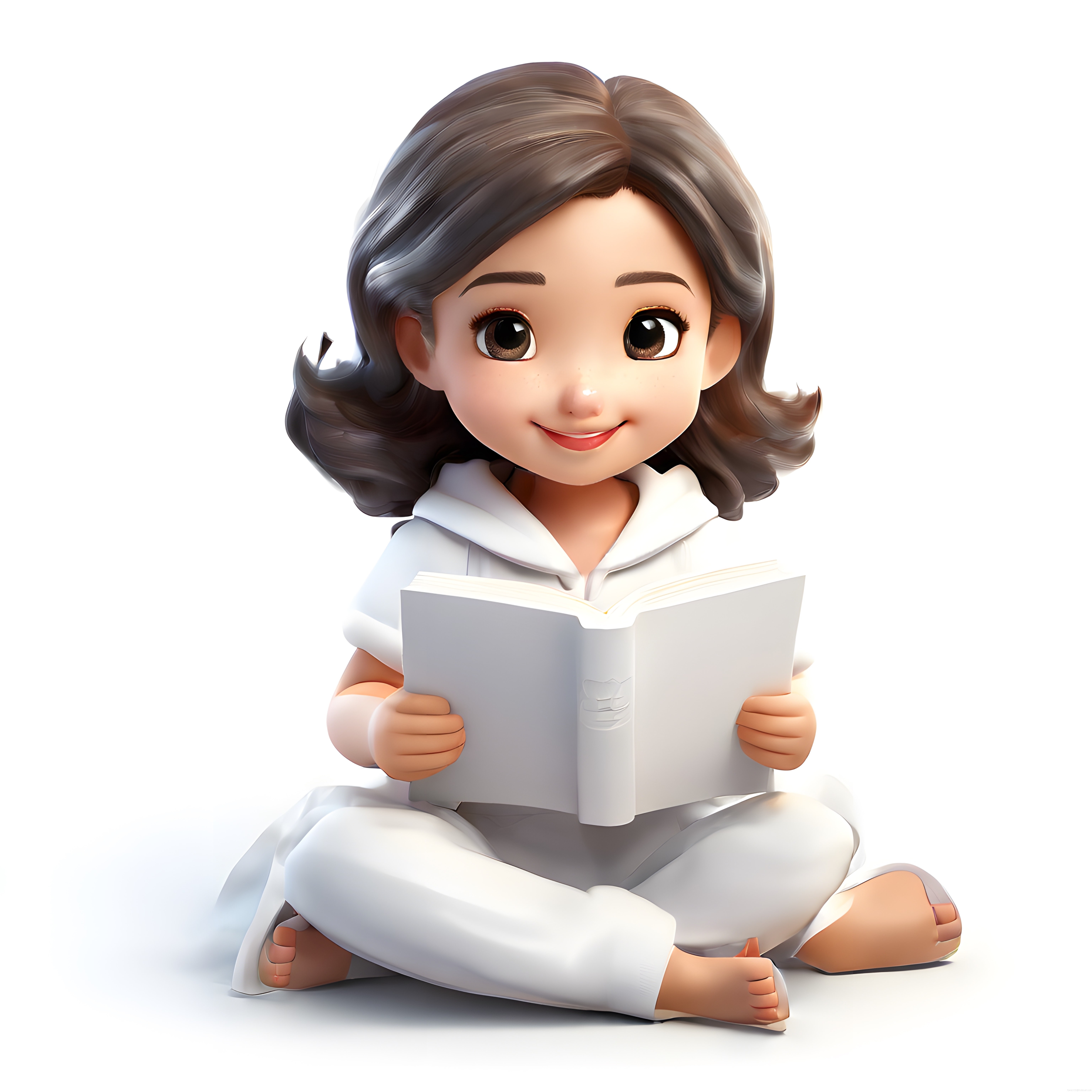 Beyaz Kıyafetli Masum 3D Karakter Kitap Okurken Mutlu Gülümsüyor