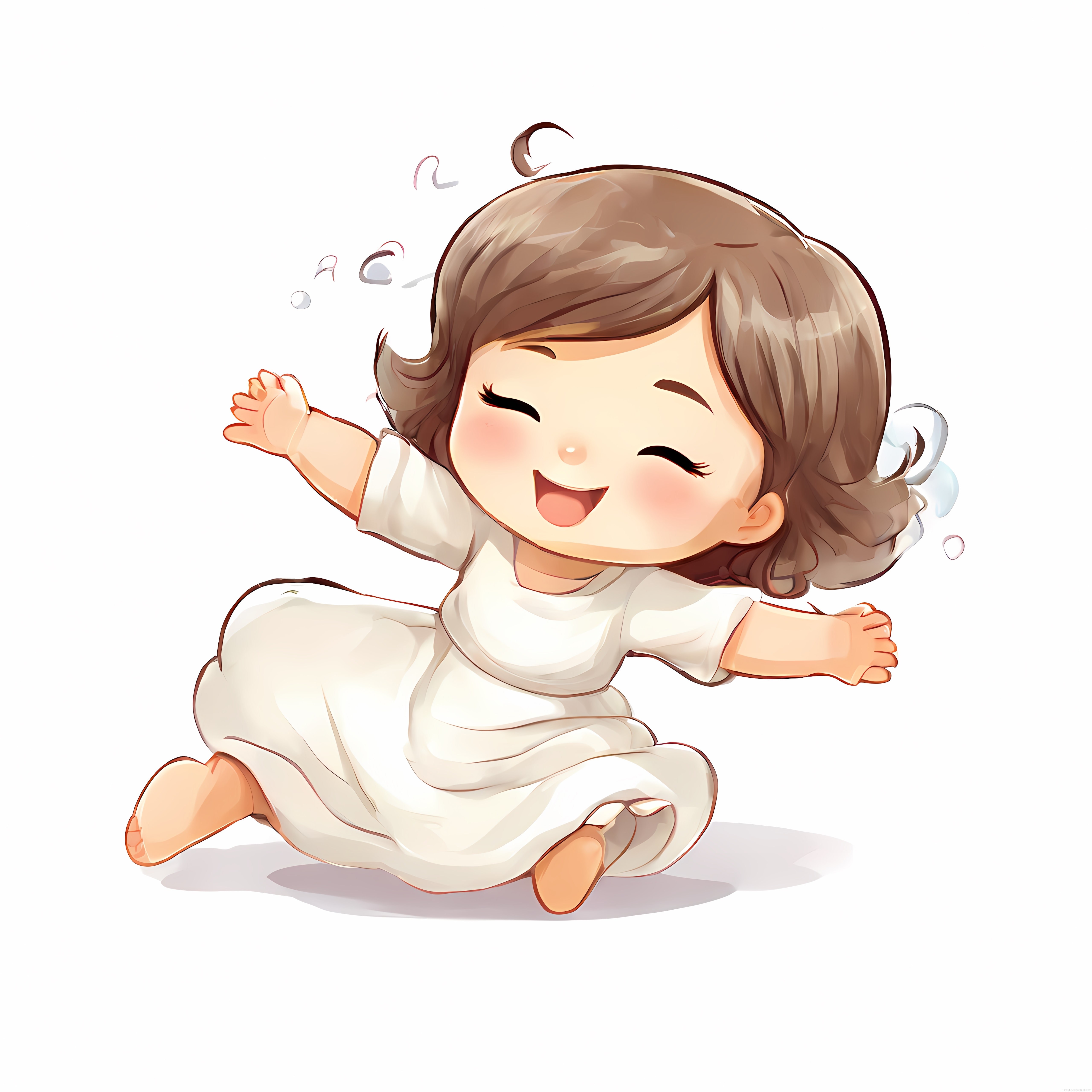 Beyaz Kıyafetli Mutlu Anime Bebek Çizimi, Sevimli Chibi Karakter İllüstrasyonu