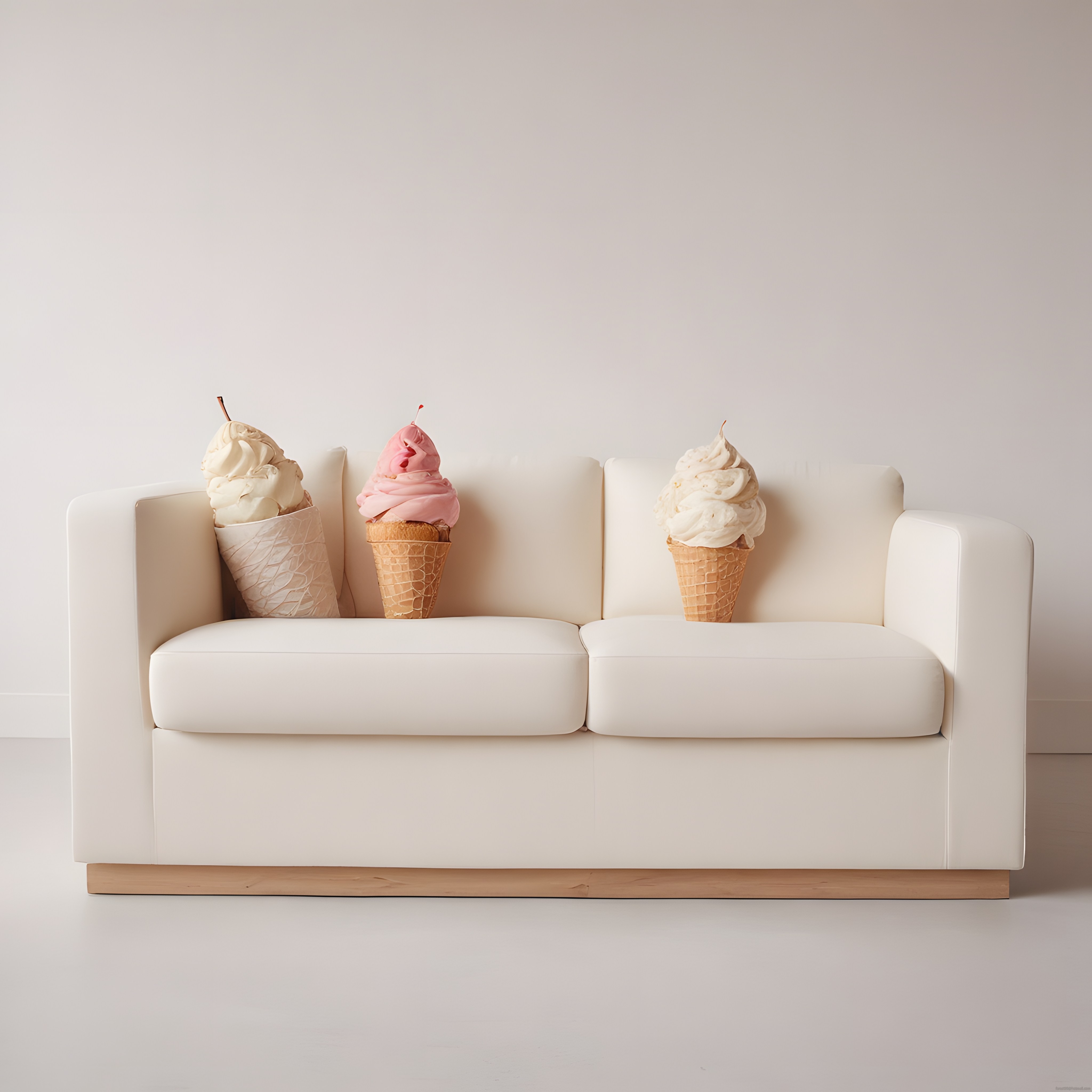 Beyaz koltuk üzerinde dev dondurma külahları ve absürt minimalist dekorasyon