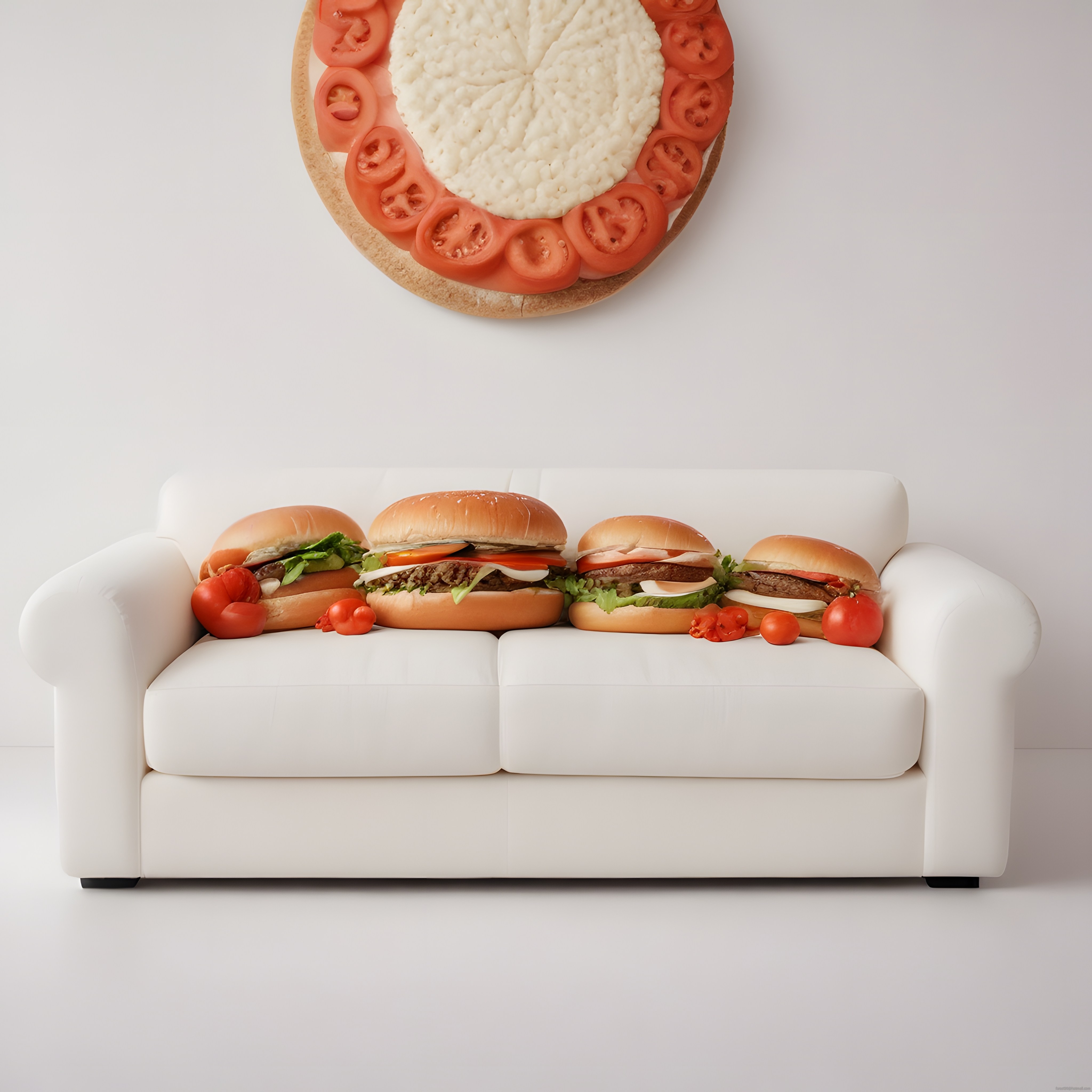 beyaz koltuk üzerinde dev hamburgerler ve pizza görünümlü duvar saati konsepti