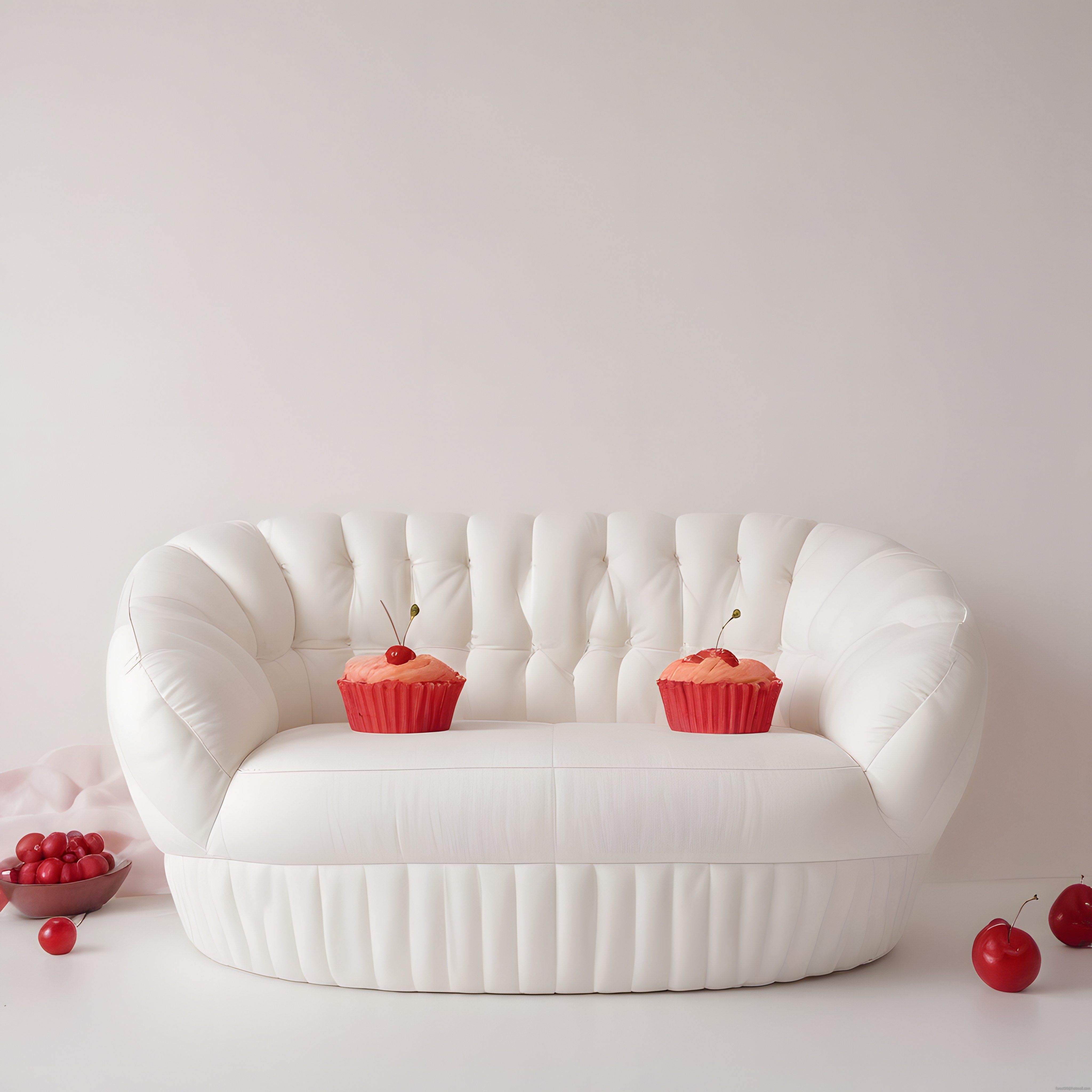 Beyaz Koltuk Üzerinde Kirazlı Cupcake'ler ve Minimal Stüdyo Dekoru