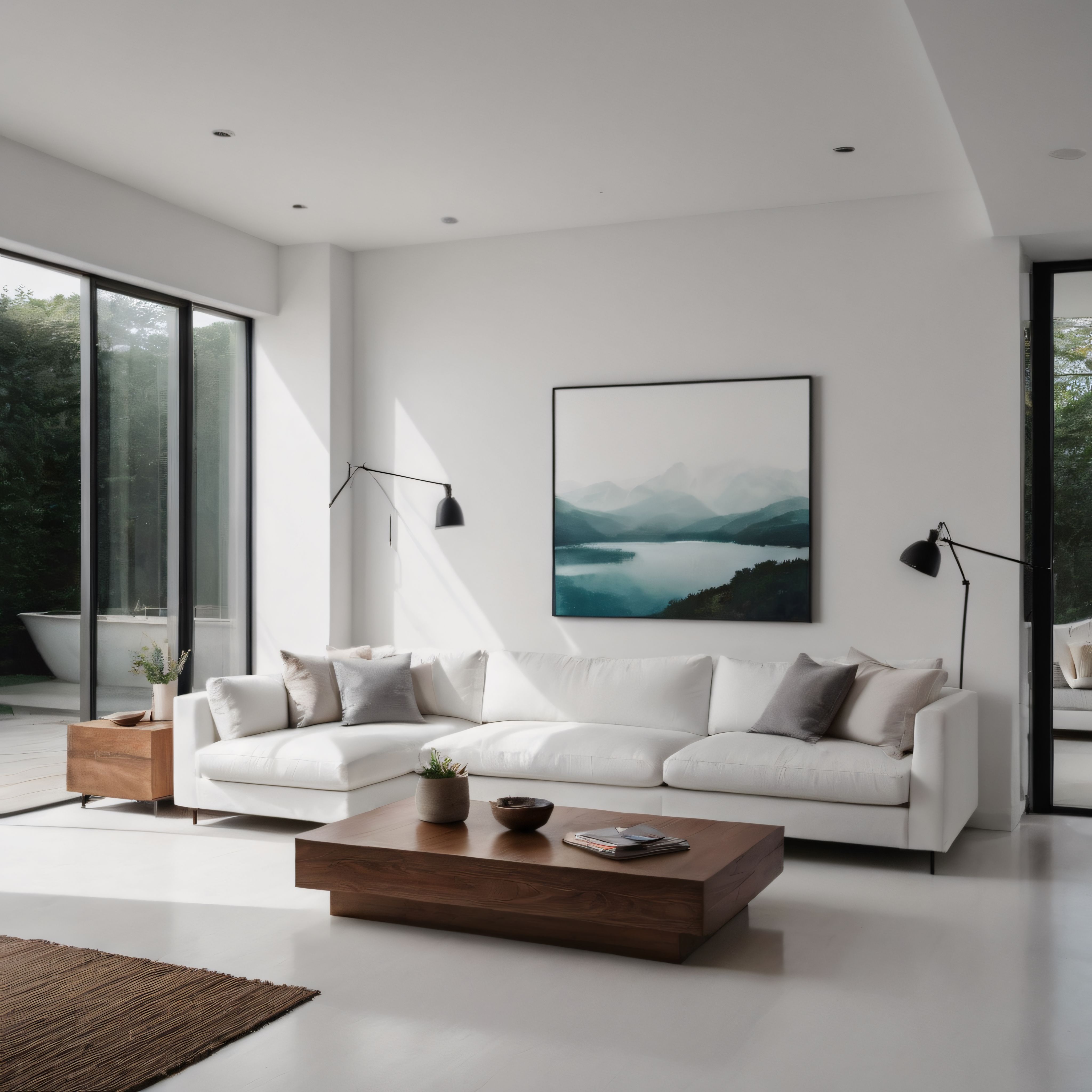 Beyaz Koltuk ve Ahşap Detaylarla Modern Minimalist Salon Dekorasyonu