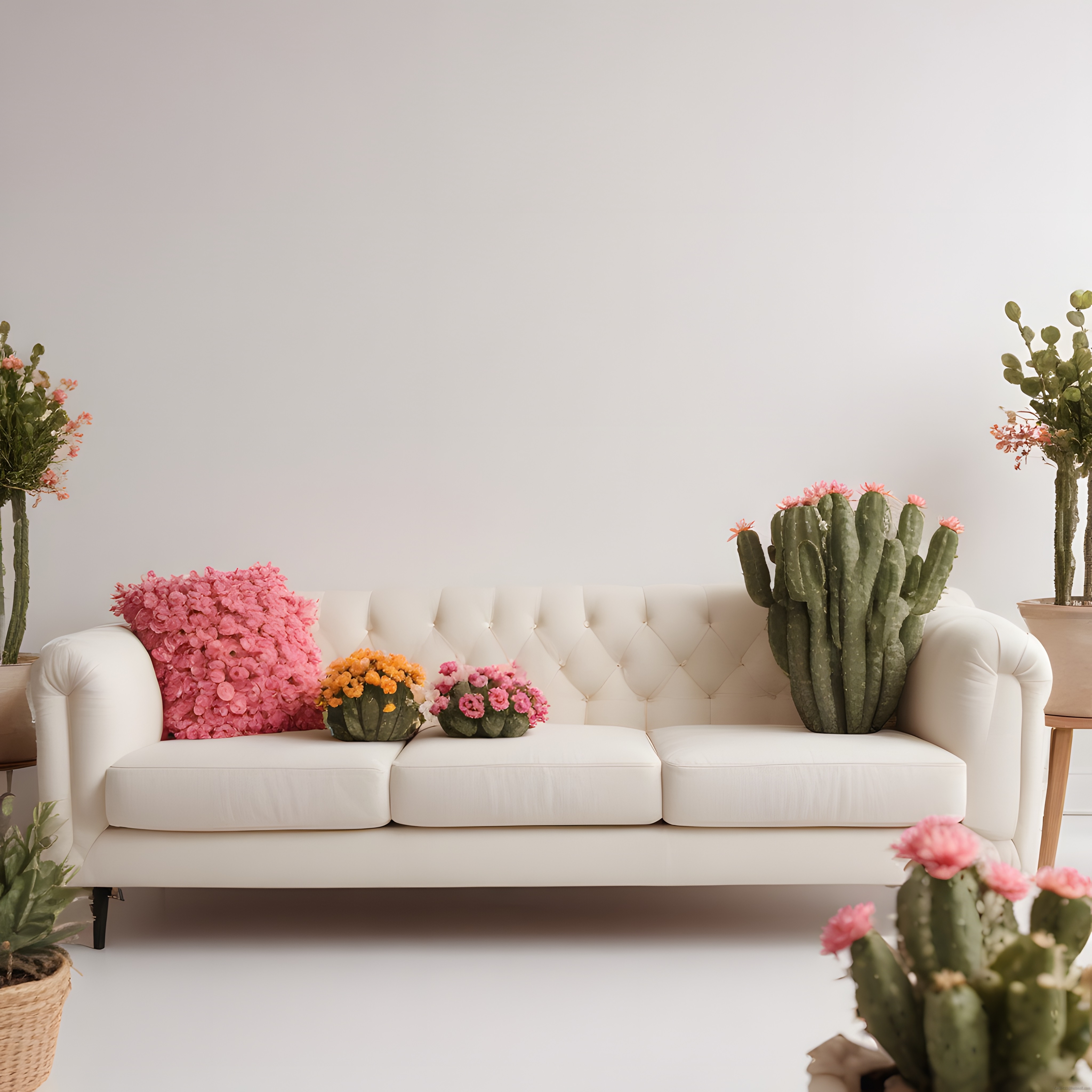 Beyaz Koltuk ve Çiçekli Kaktüslerle Tasarlanmış Minimal Salon Dekorasyonu