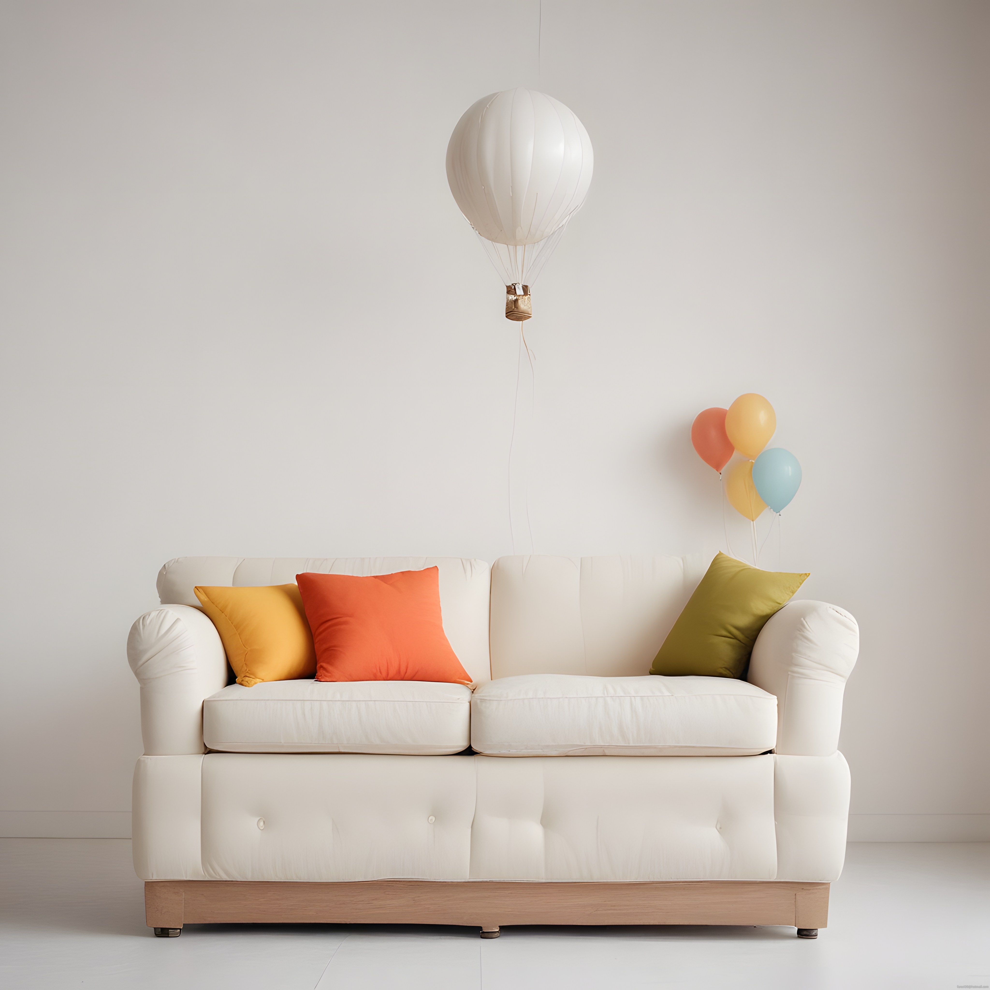 Beyaz Koltuk ve Renkli Yastıklarla Sıcak Hava Balonlu Minimalist Oda Dekorasyonu