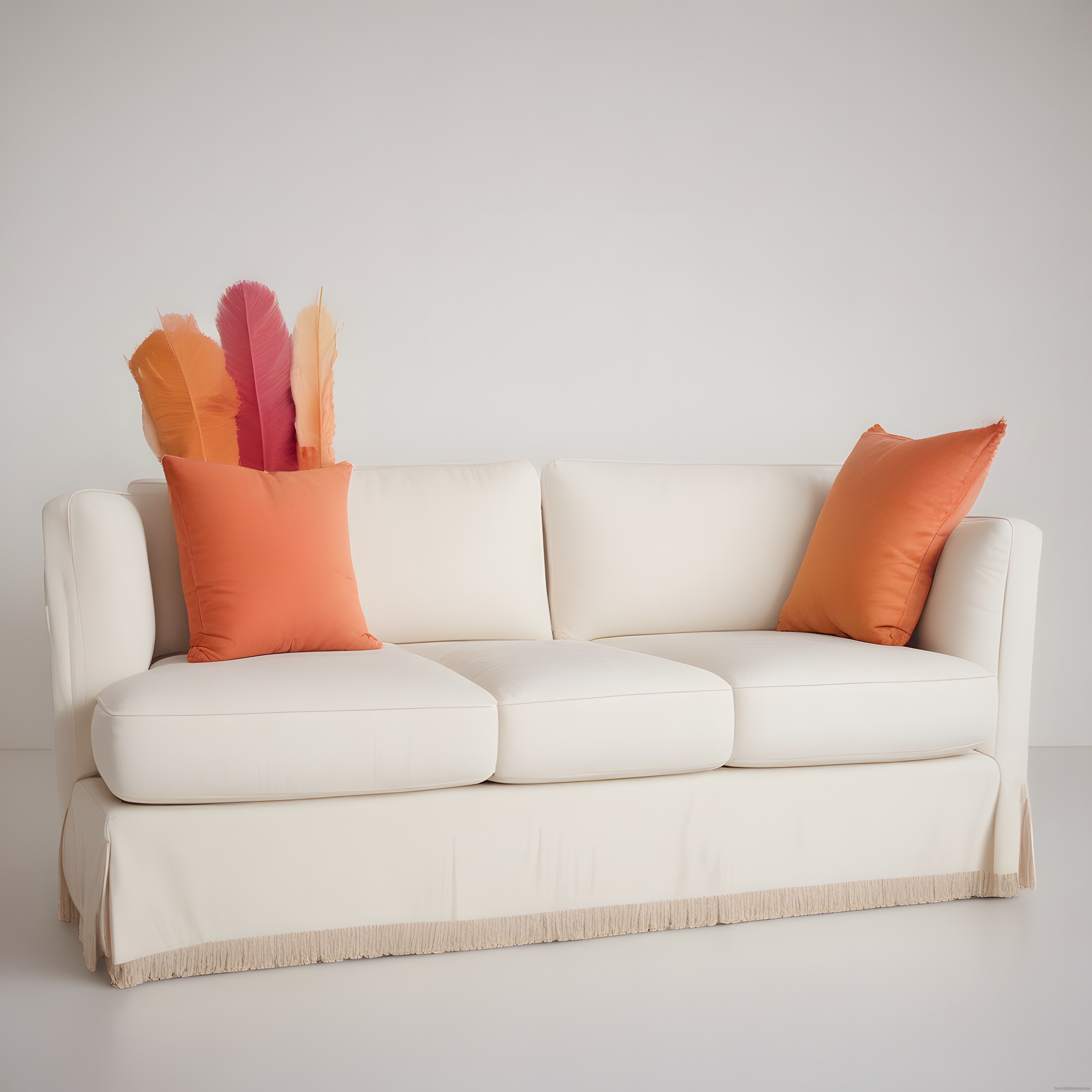 Beyaz Koltuk ve Turuncu Yastıklarla Modern Minimalist Salon Dekorasyonu