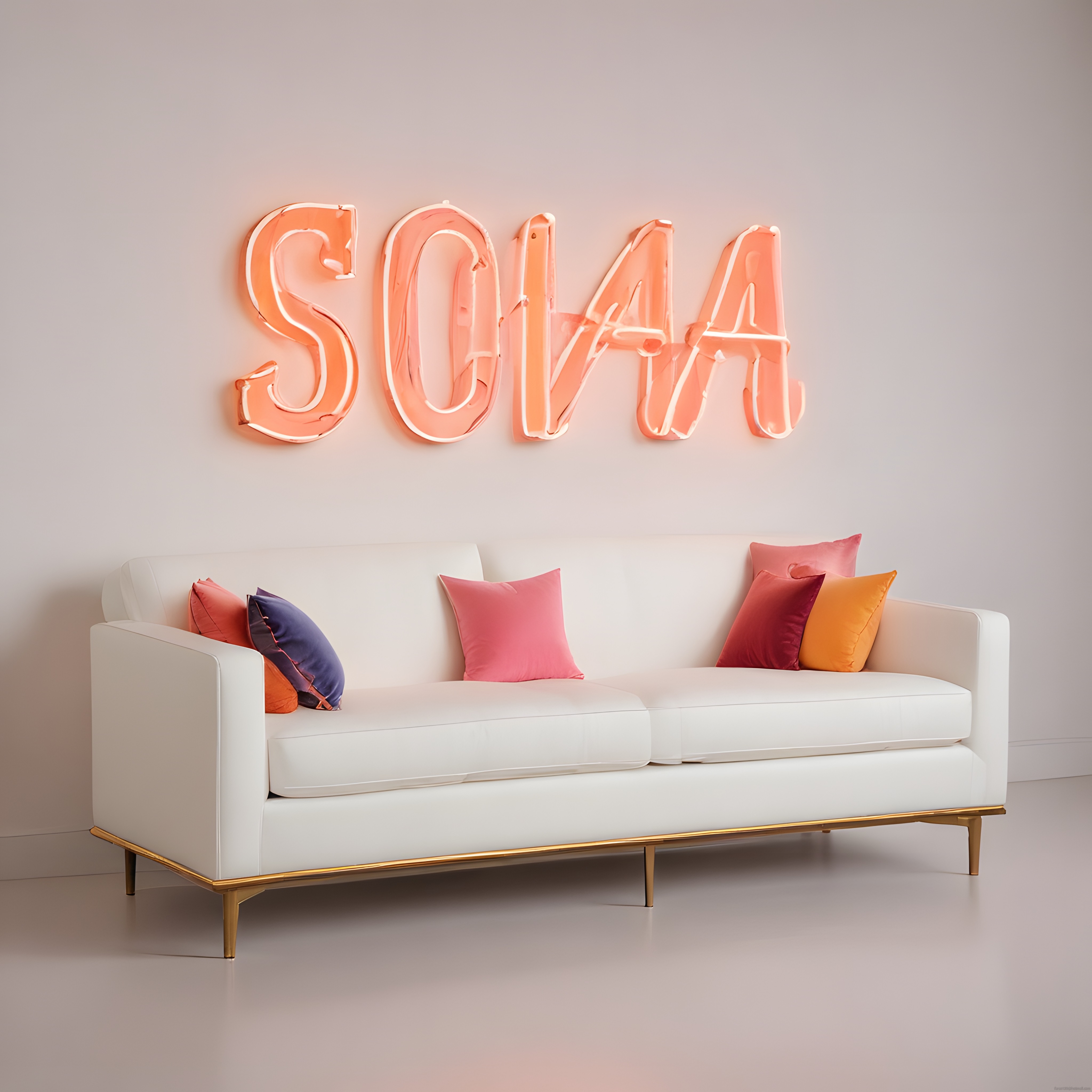 Beyaz koltuklu modern iç mekanda pembe neon SOMA duvar dekorasyonu