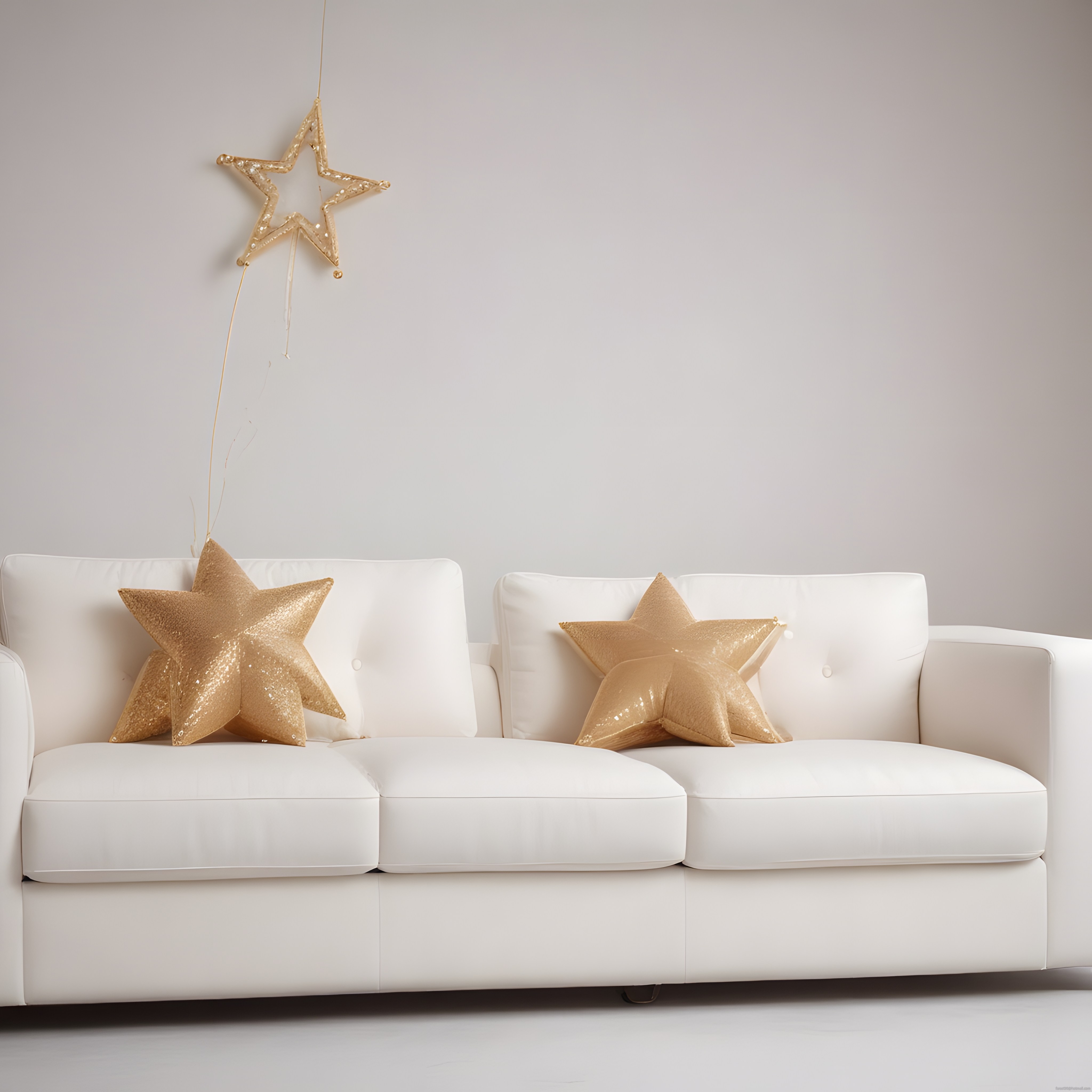Beyaz Koltukta Altın Yıldız Dekoratif Yastıklar ve Minimalist Duvar Süsü