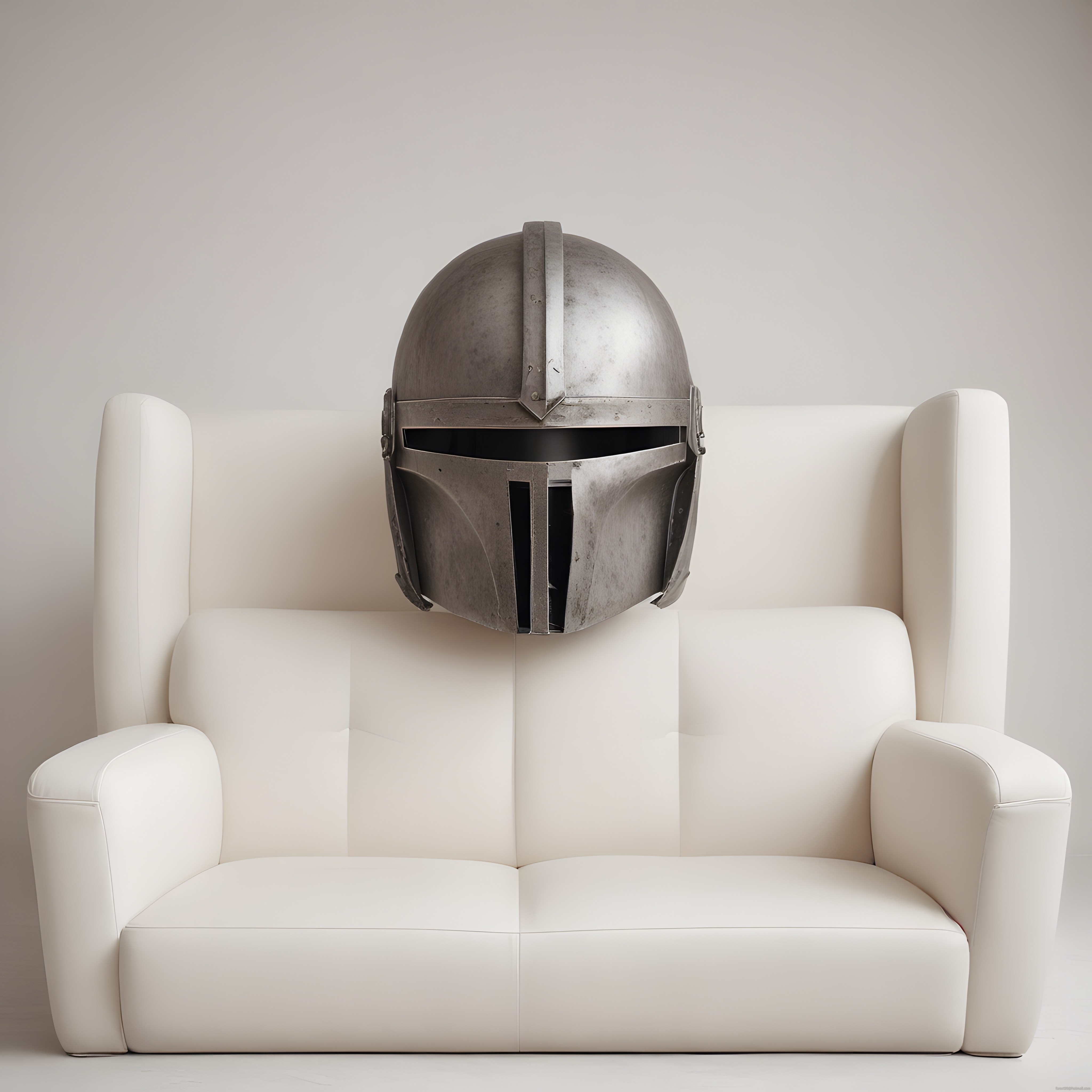Beyaz koltukta asılı duran Mandalorian bareti ve minimalist atmosfer