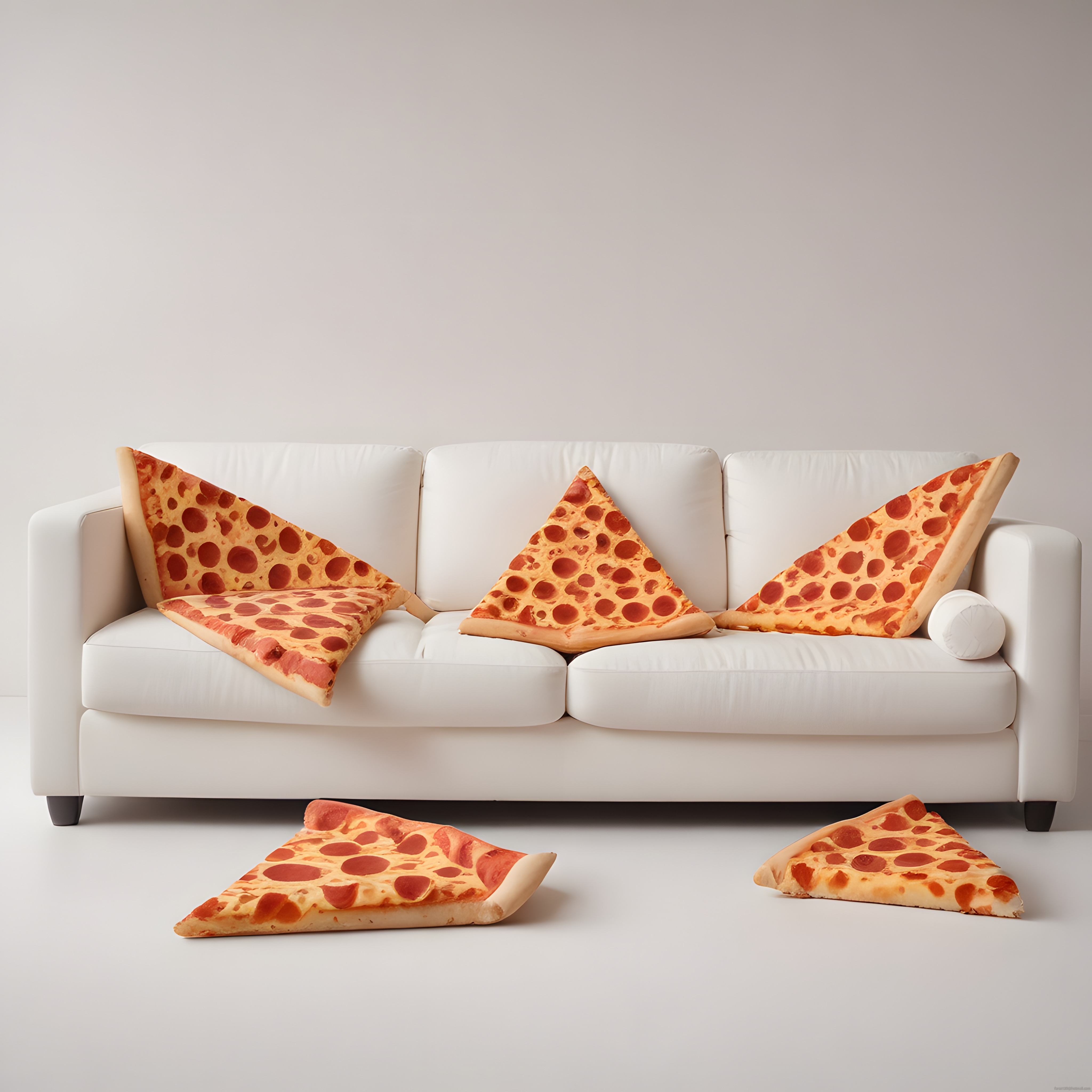 Beyaz Koltukta Dev Pizza Dilimi Yastıklar: Minimalist ve Yaratıcı Ev Dekorasyonu