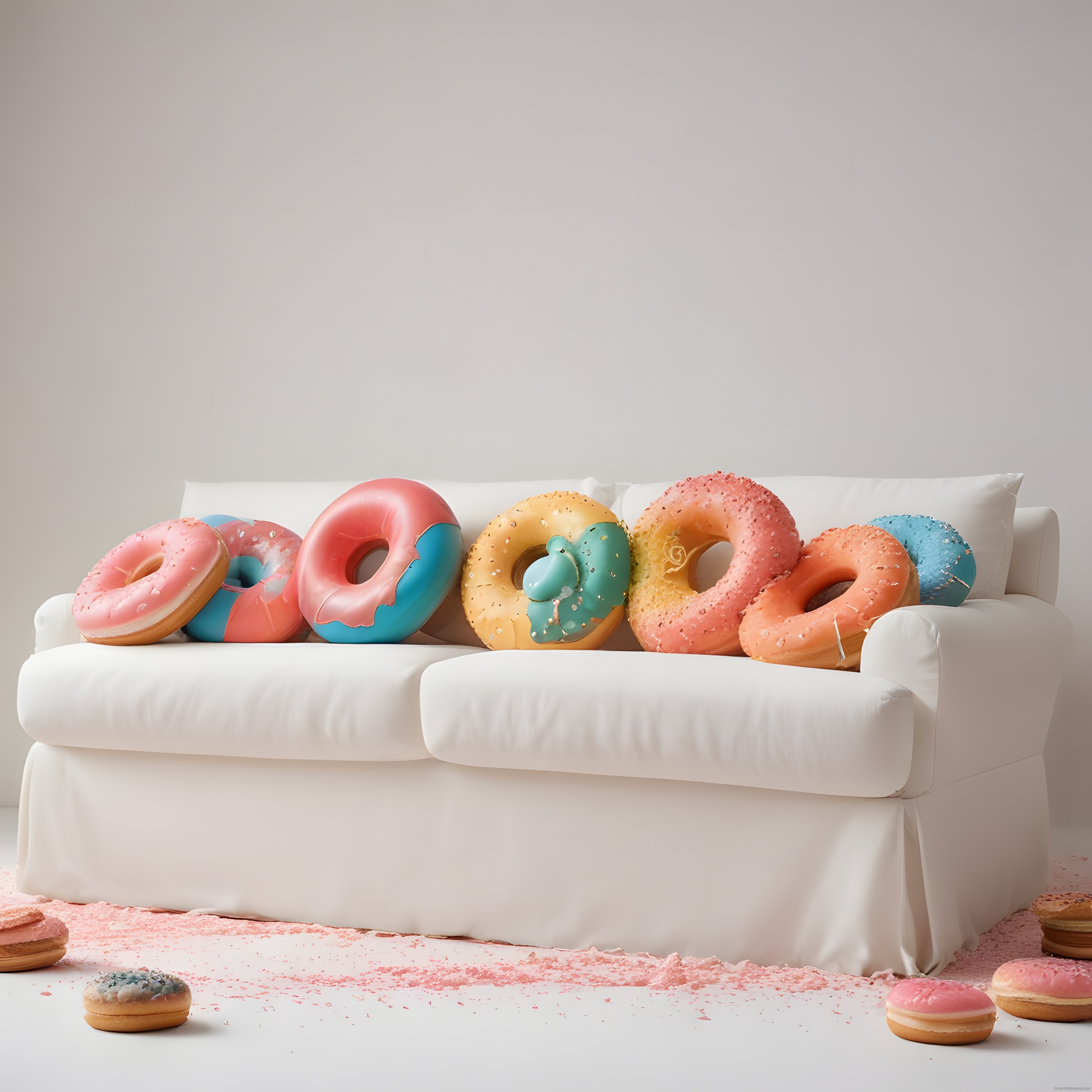 Beyaz Koltukta Dev Renkli Donut Yastıklar: Pastel ve Tatlı Dekorasyon Fikri