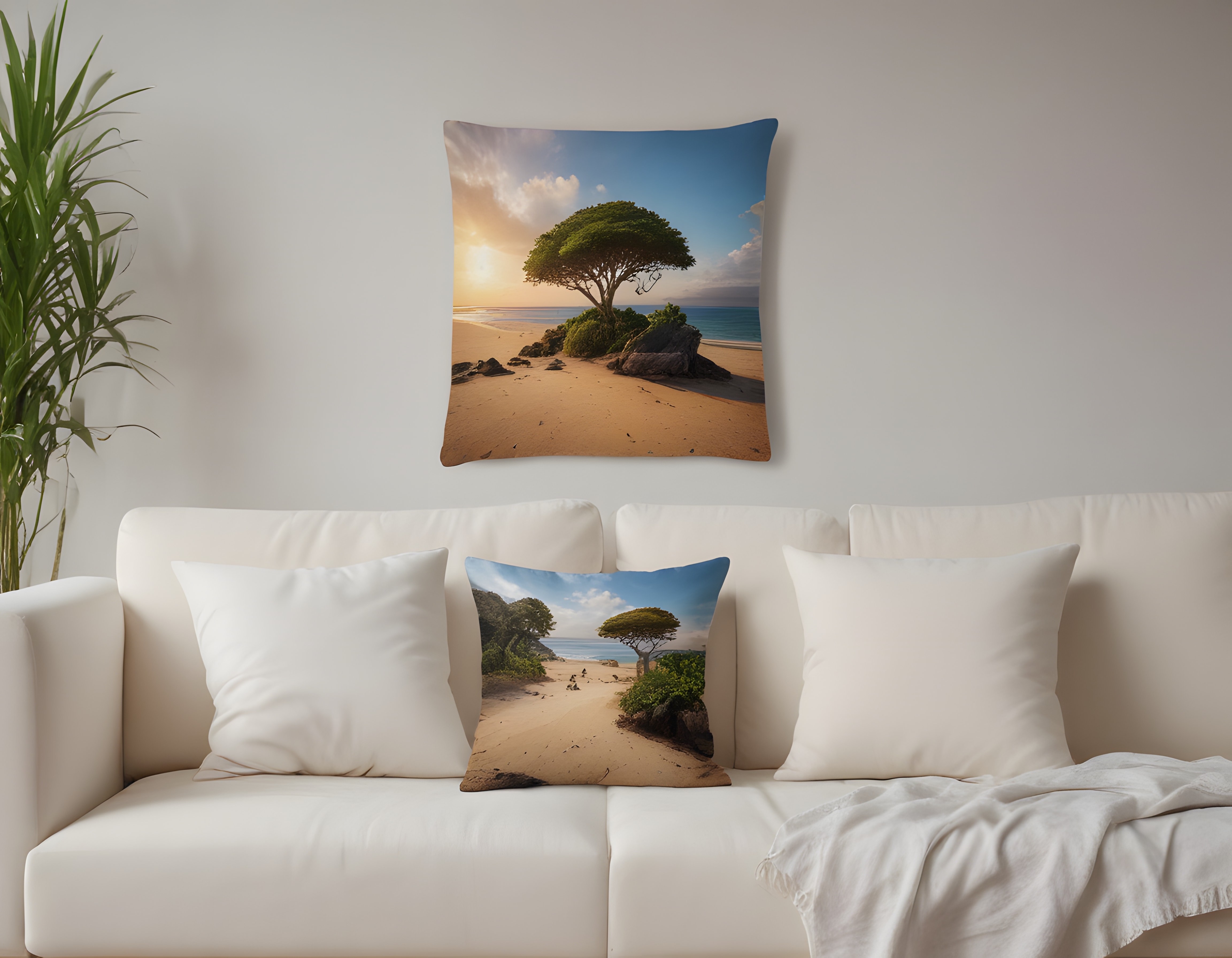 Beyaz Koltukta Gün Batımı Manzaralı Dekoratif Yastıklar ve Poster