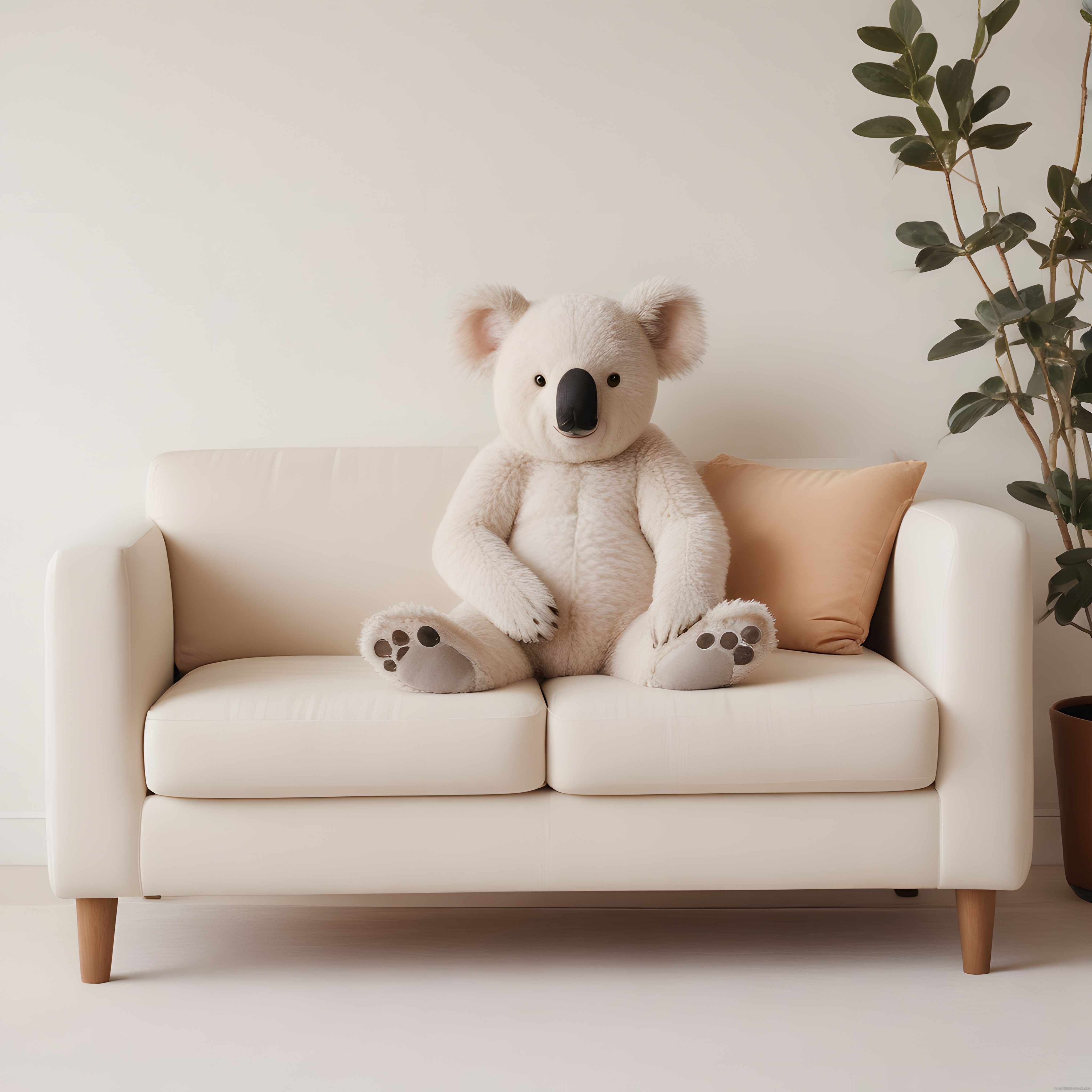 Beyaz Koltukta Oturan Dev Peluş Koala ile Sıcacık ve Minimalist Ev Atmosferi