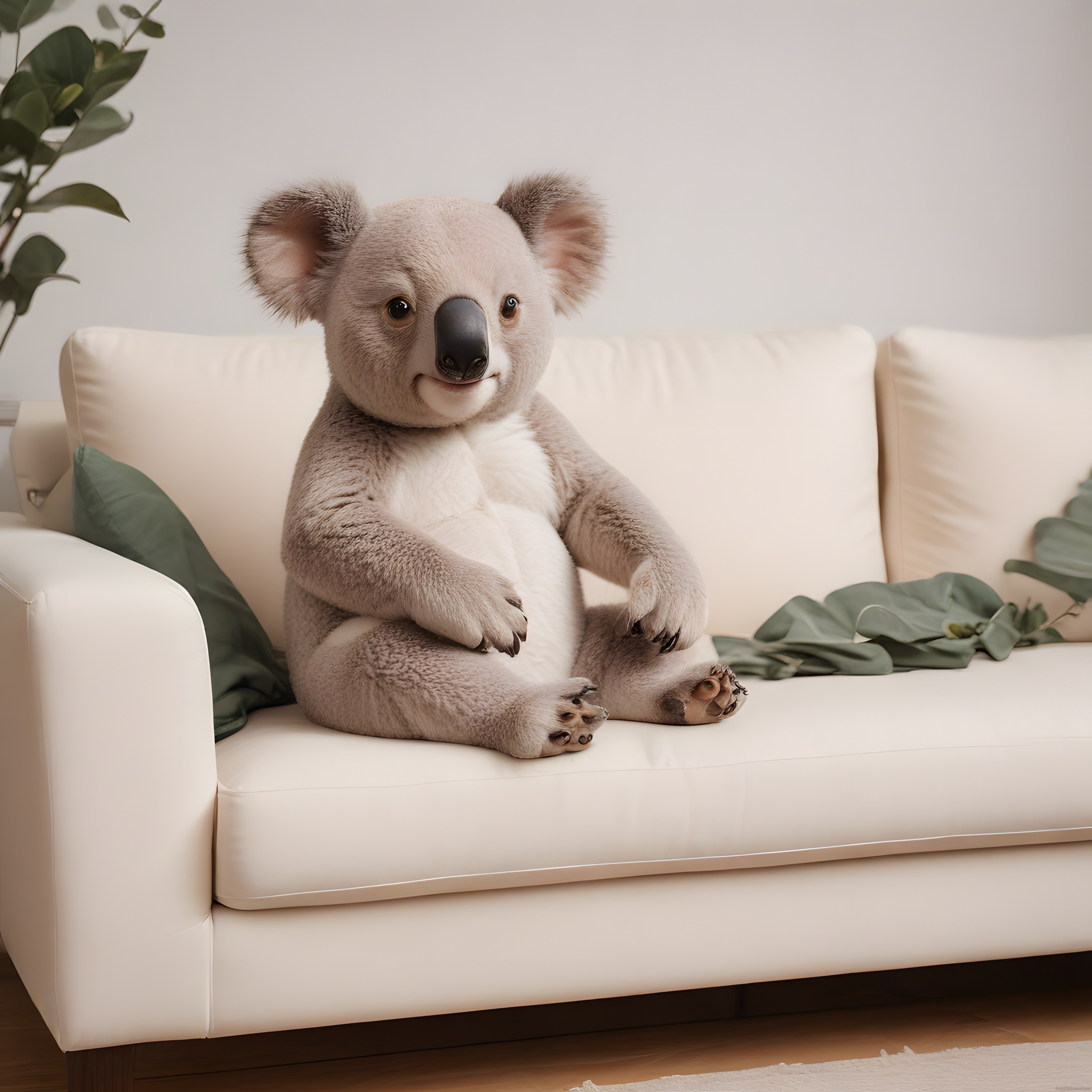 Beyaz koltukta oturan gerçekçi koala figürü ve huzurlu ev atmosferi