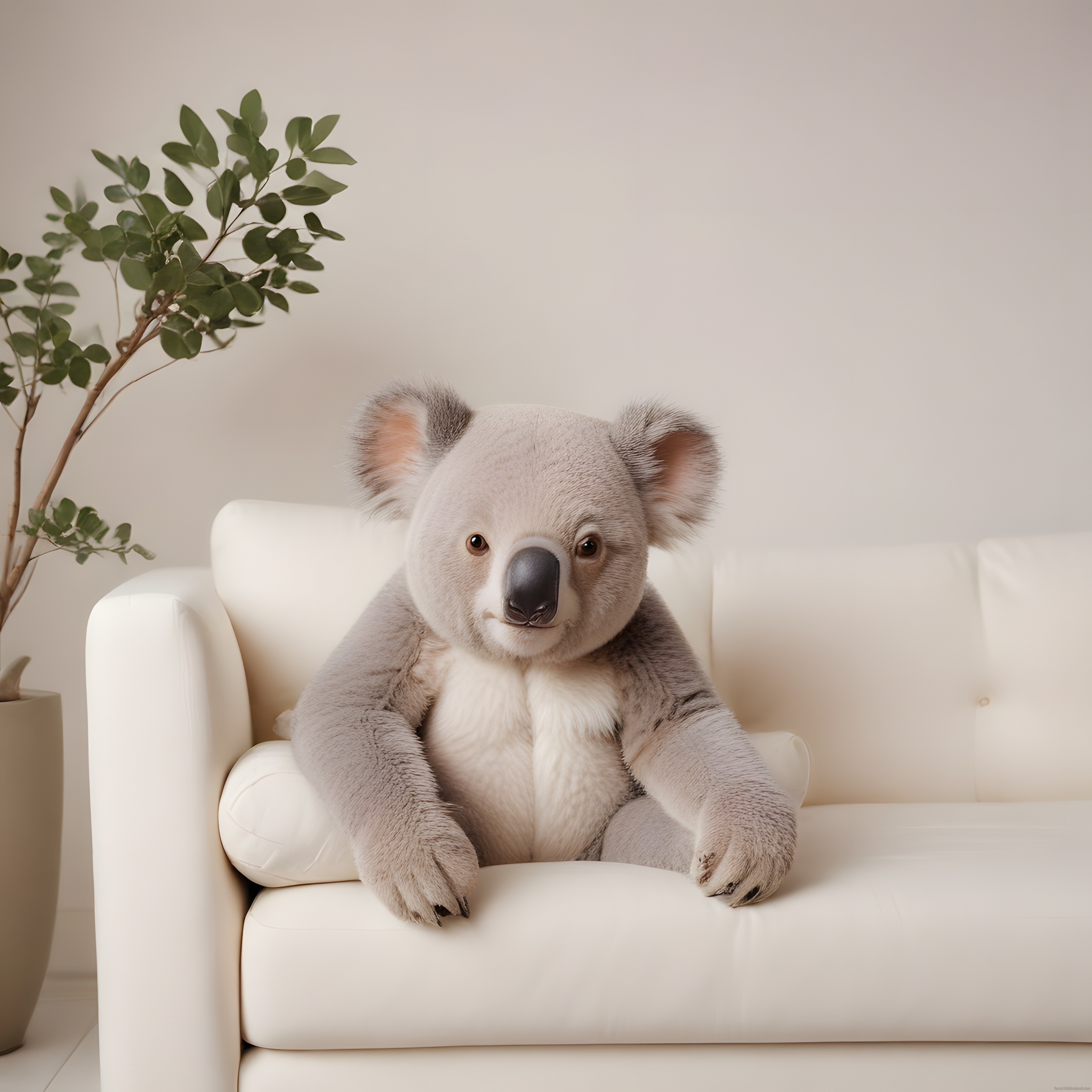 Beyaz koltukta oturan sevimli koala: Minimal iç mekan ve doğal detaylar