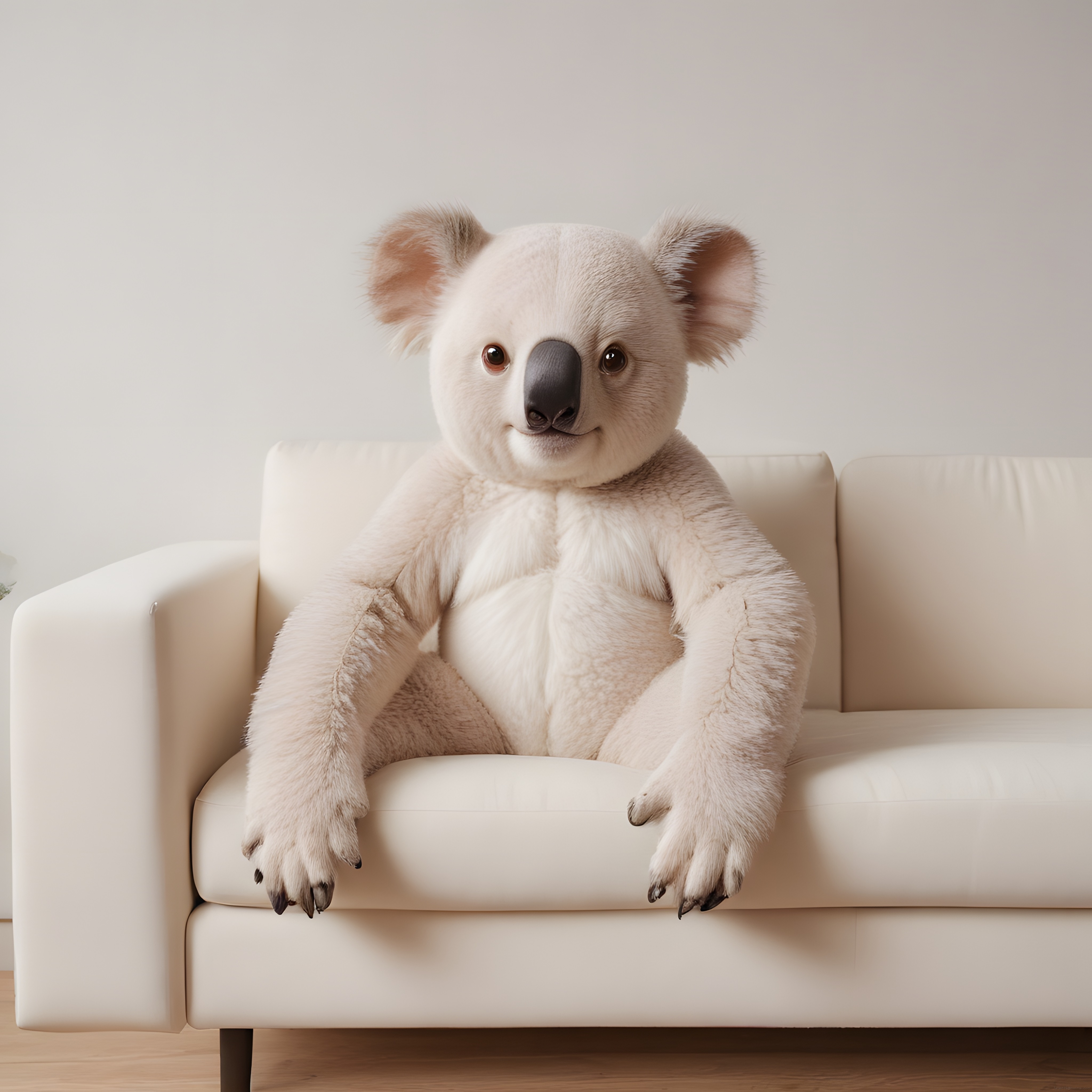 Beyaz koltukta oturan sevimli koala: Sıcak ve minimalist iç mekan portresi