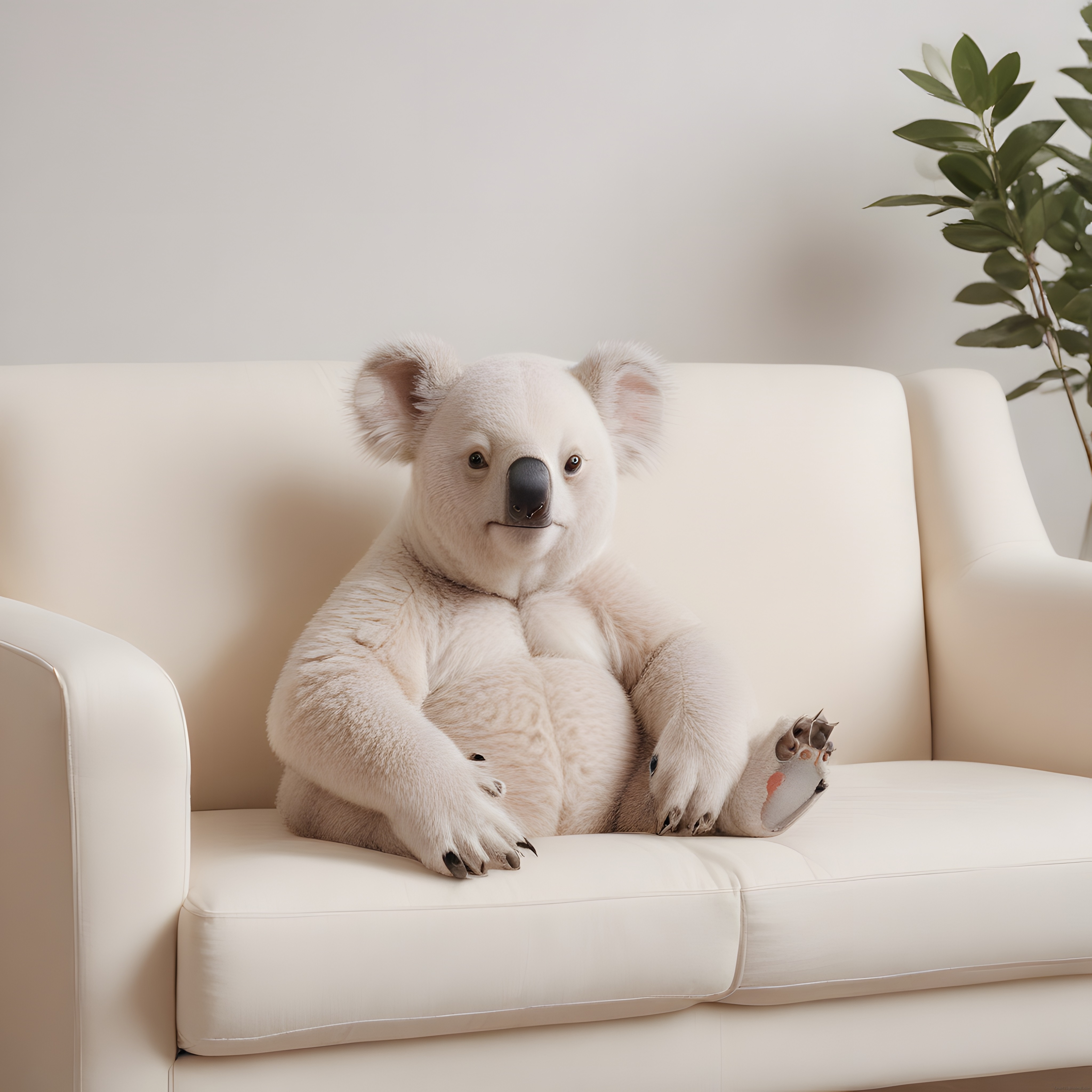 Beyaz Koltukta Oturan Sevimli Koala ve Minimalist Ev Dekorasyonu