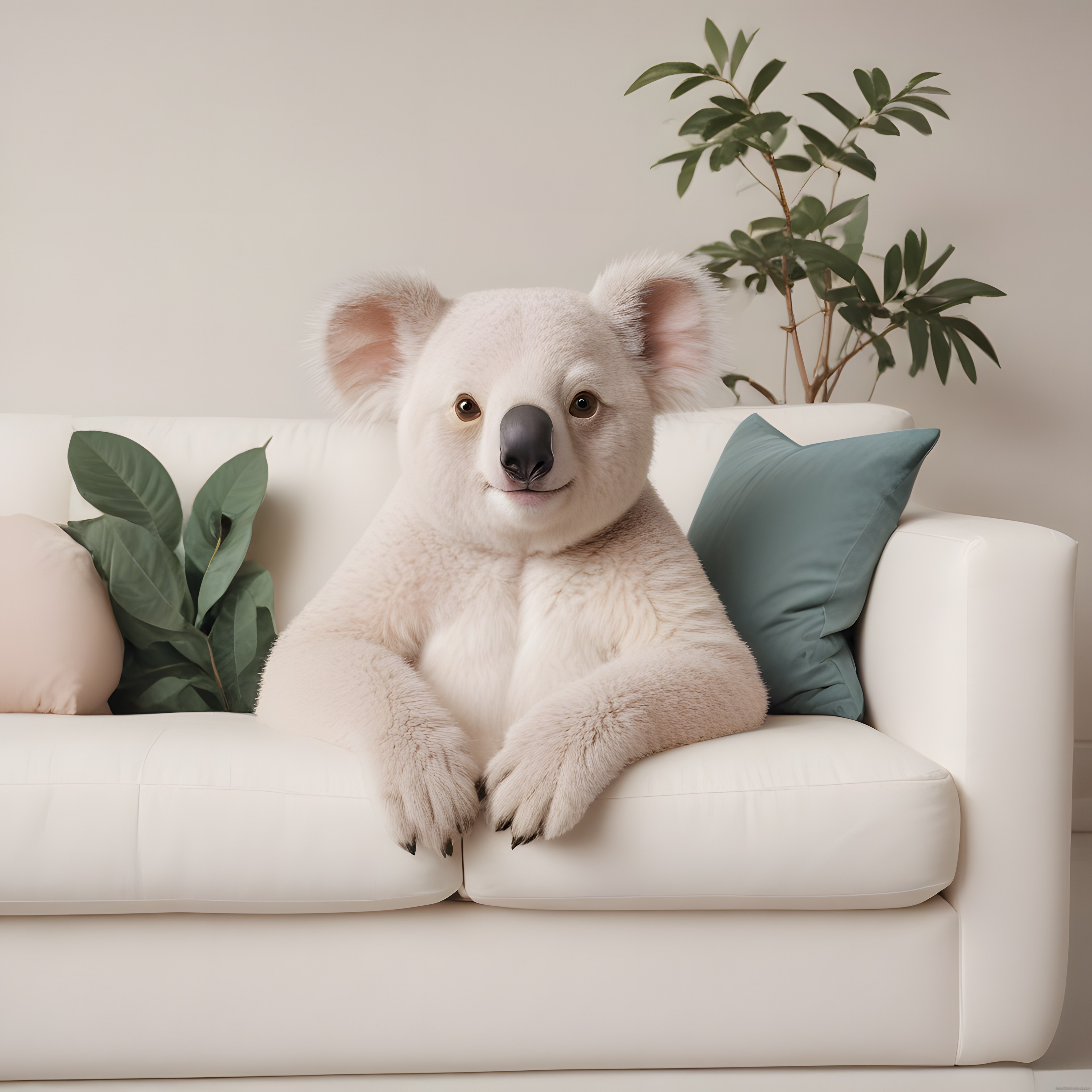Beyaz Koltukta Oturan Sevimli Pelüş Koala ve Sakin Ev Atmosferi