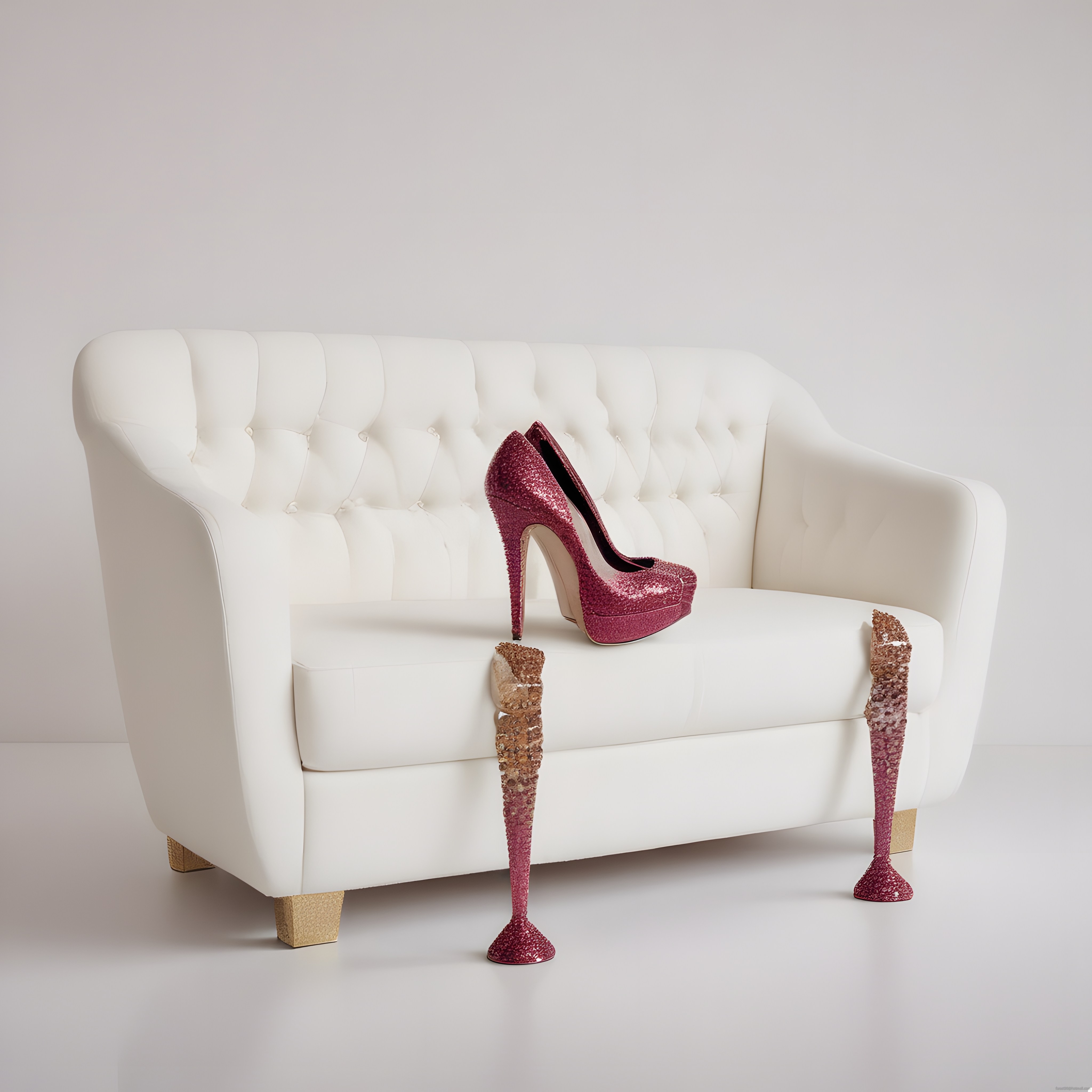 Beyaz Koltukta Parıltılı Pembe Stiletto ve Dekoratif Ayak Detayları