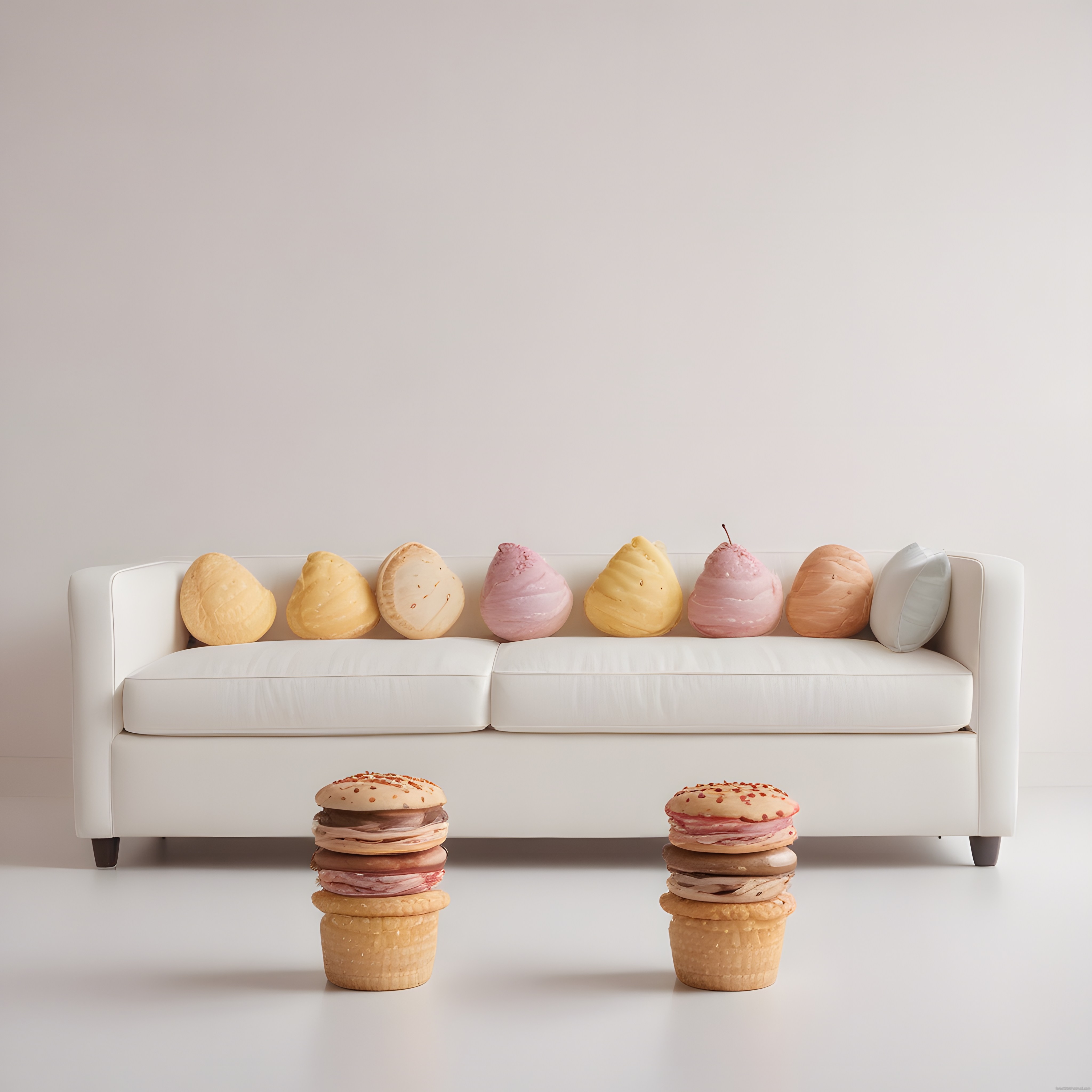 Beyaz Koltukta Pastel Renkli Tatlı Şeklinde Yastıklar ve Modern Dekorasyon