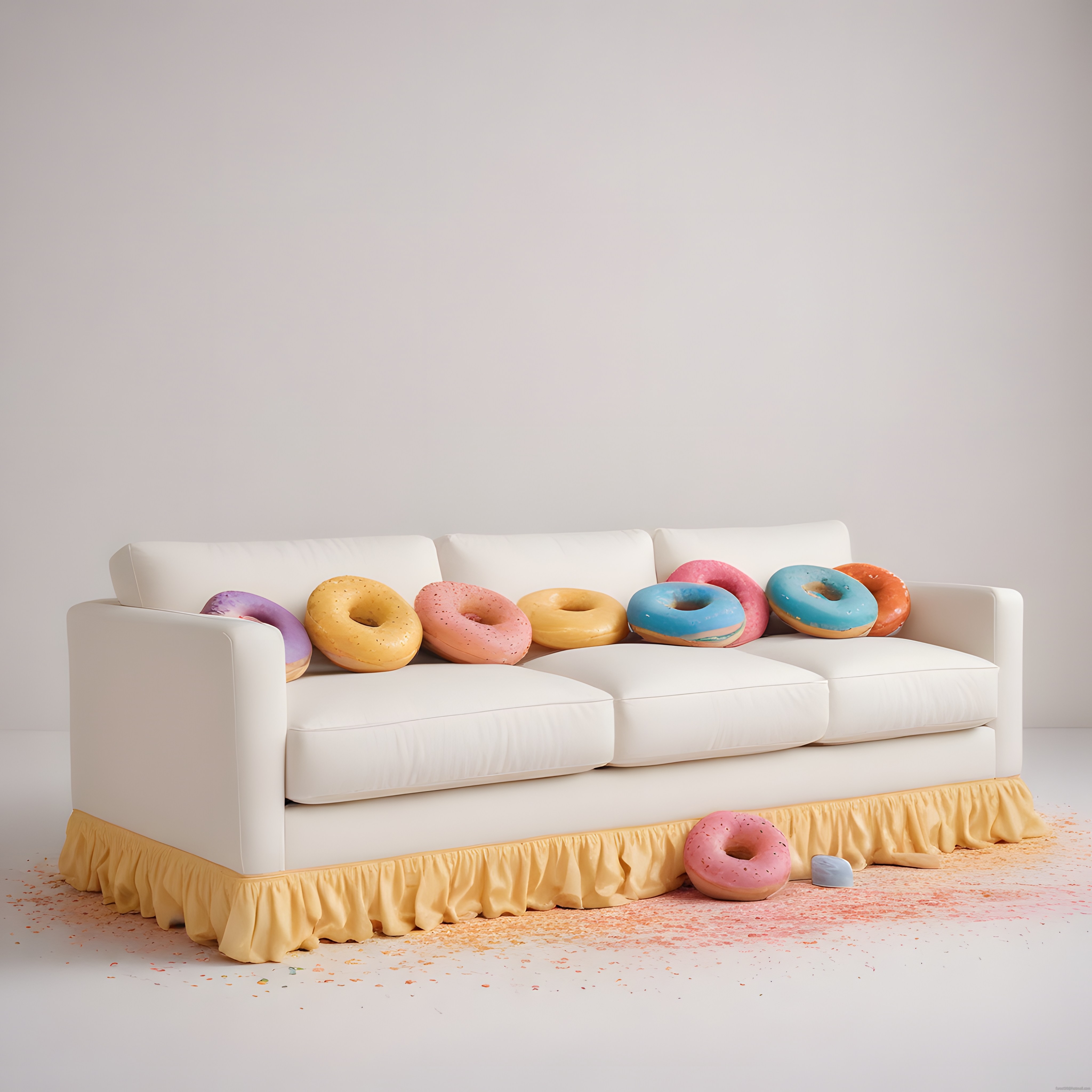 Beyaz koltukta renkli donut yastıklar ve pastel tonlarda sevimli dekorasyon