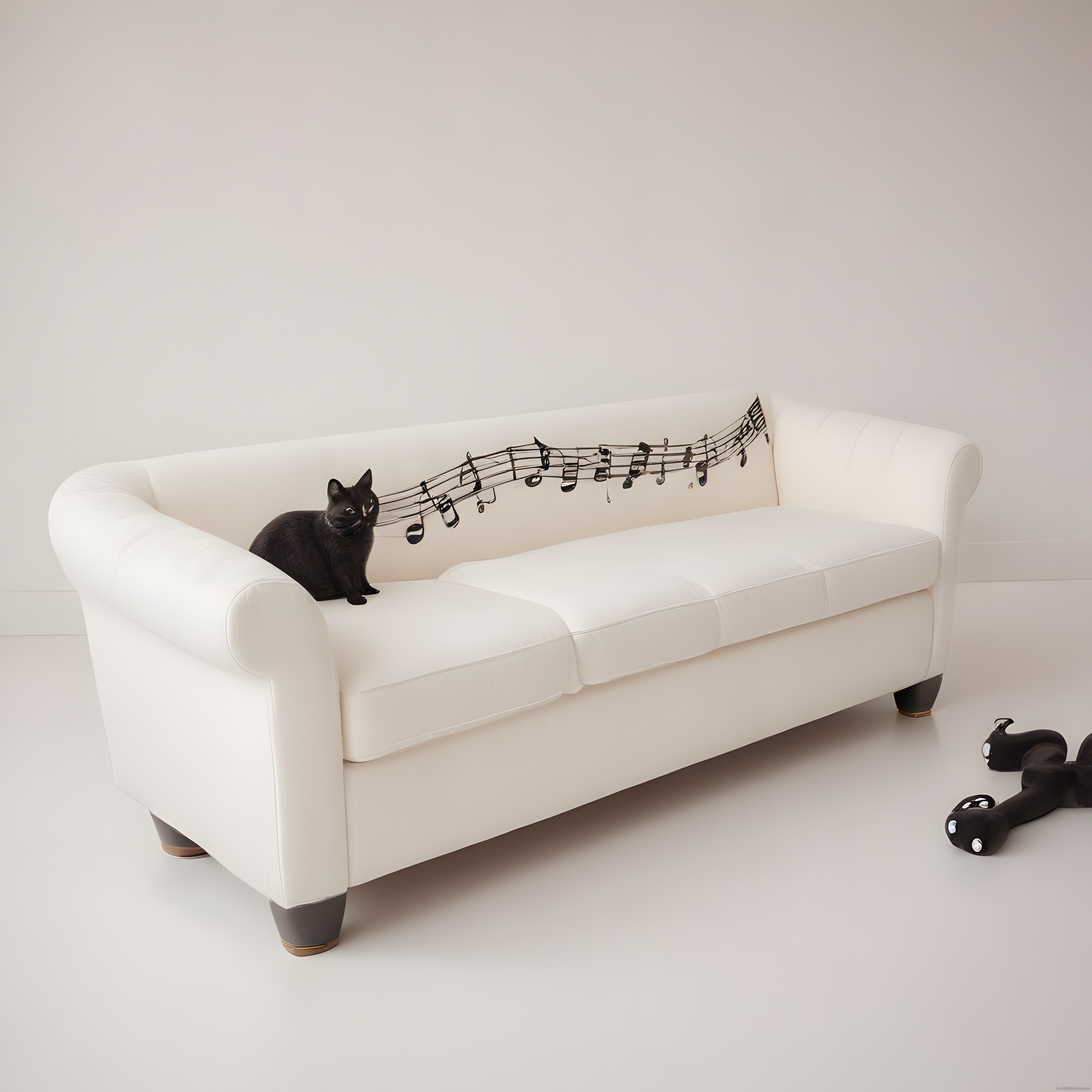 Beyaz Koltuktaki Siyah Kedi ve Müzik Notaları: Minimal Stüdyo Fotoğrafı