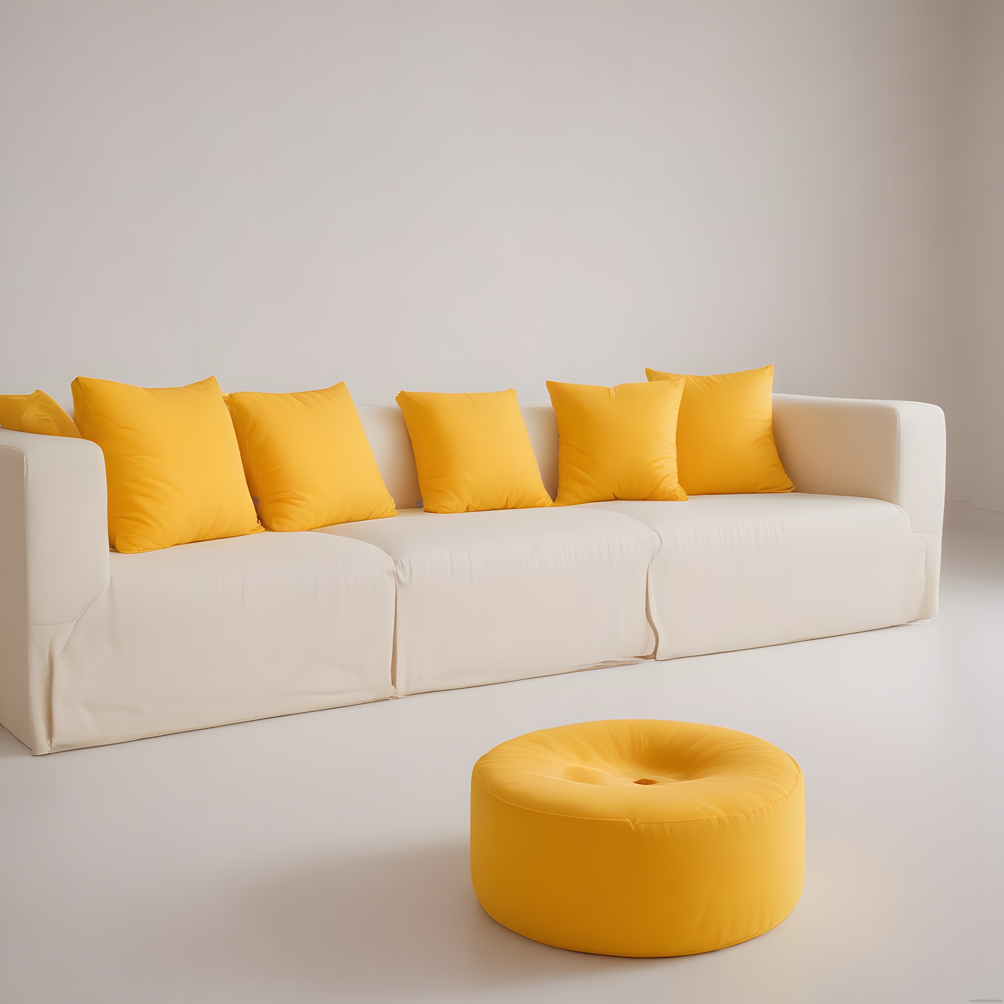 Beyaz köşe kanepe ve sarı yastıklarla modern salon dekorasyonu