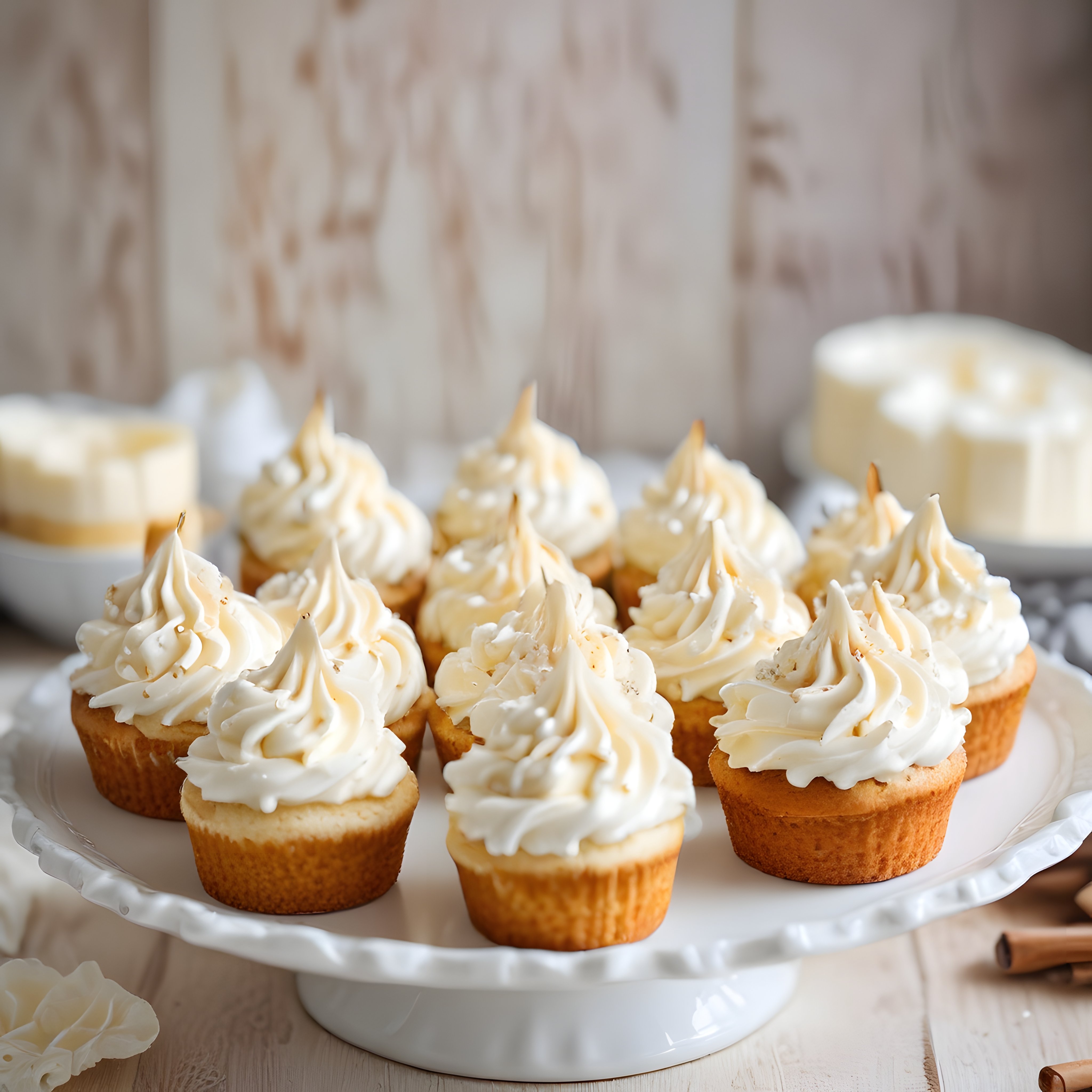 Beyaz Krema ile Süslenmiş Ev Yapımı Cupcakeler ve Rustik Sunum
