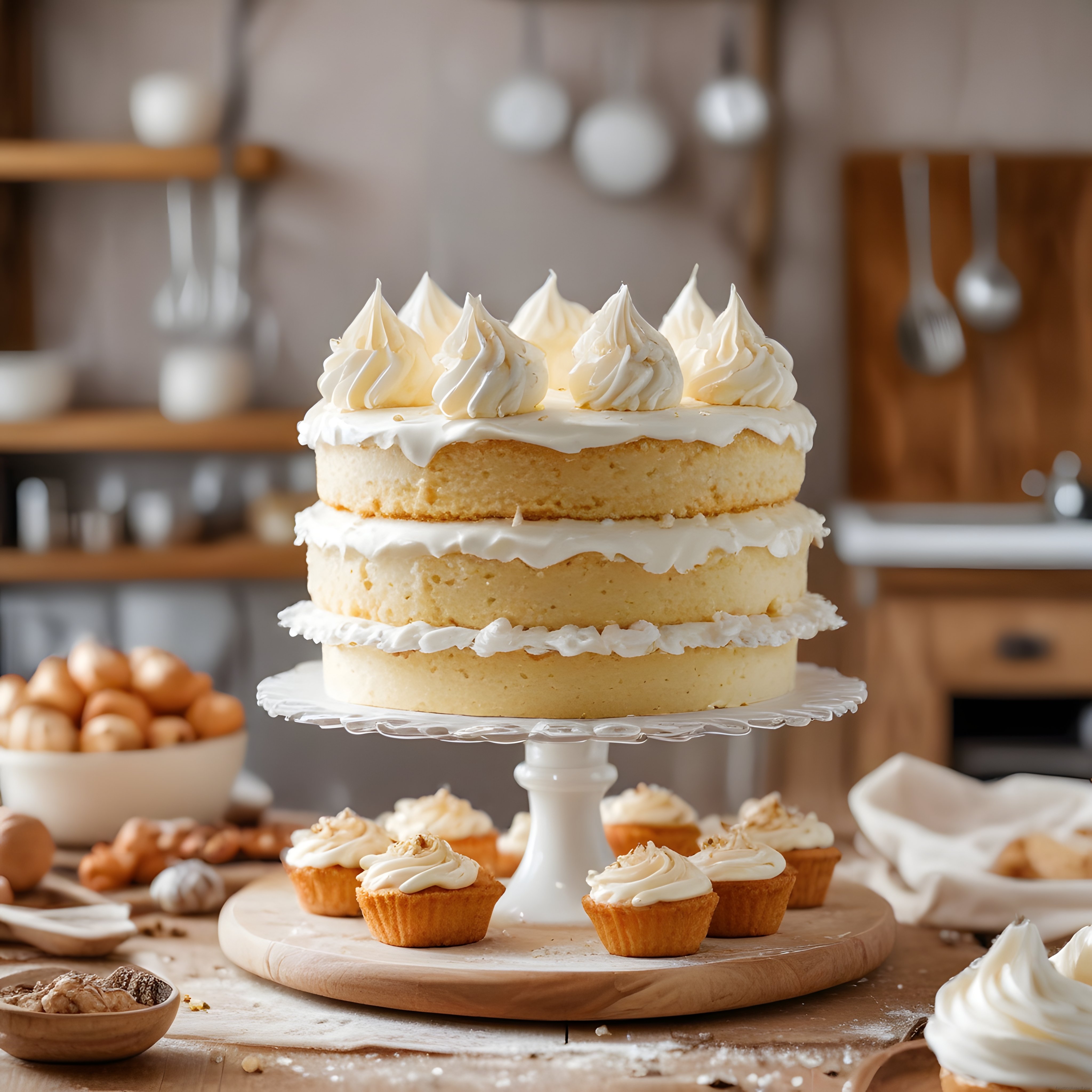 Beyaz Krema Süslü Üç Katlı Pasta ve Cupcakelerle Rustik Tatlı Sunumu