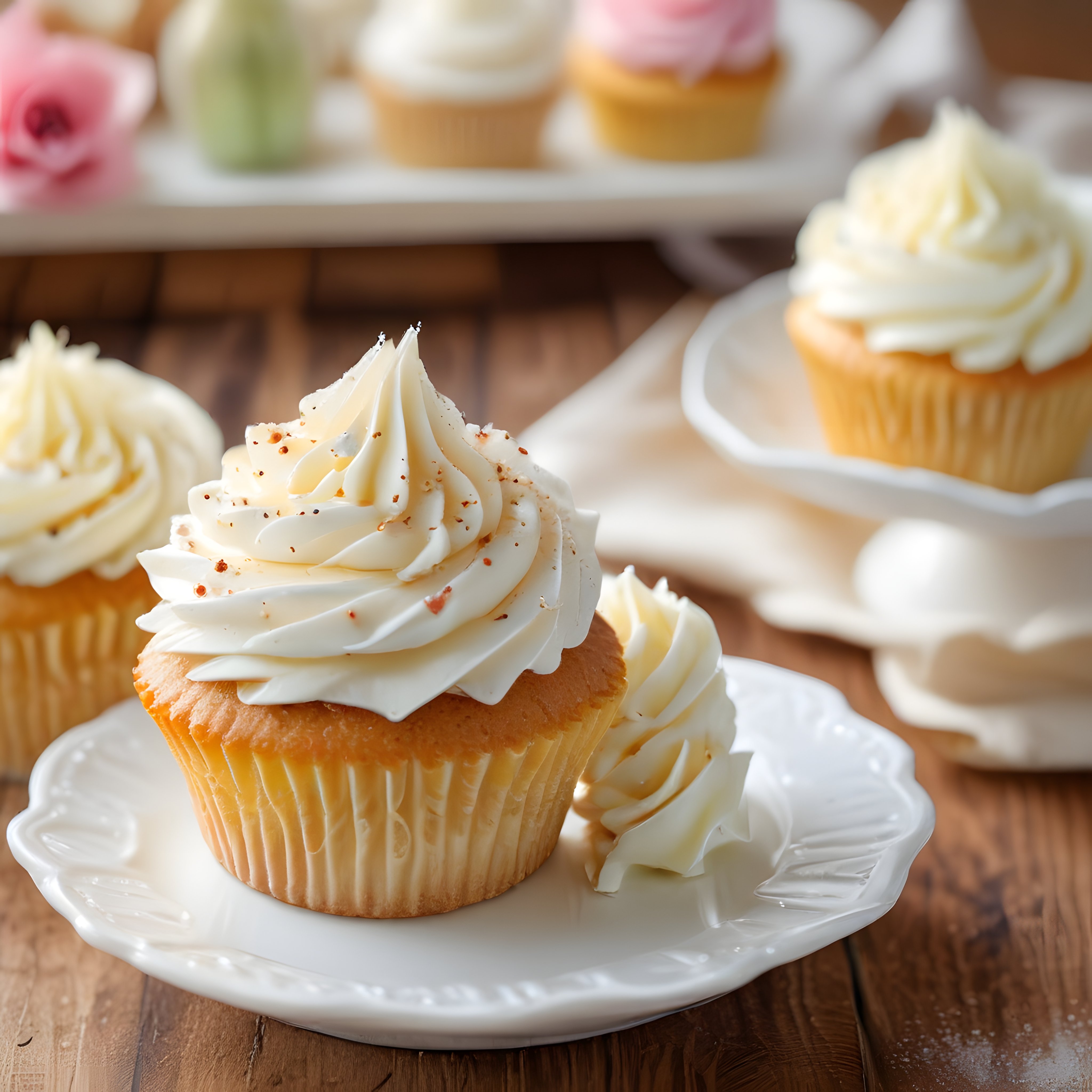 Beyaz Krema Süslü Yumuşacık Cupcake'ler ve Sıcak Rustik Masa Sunumu