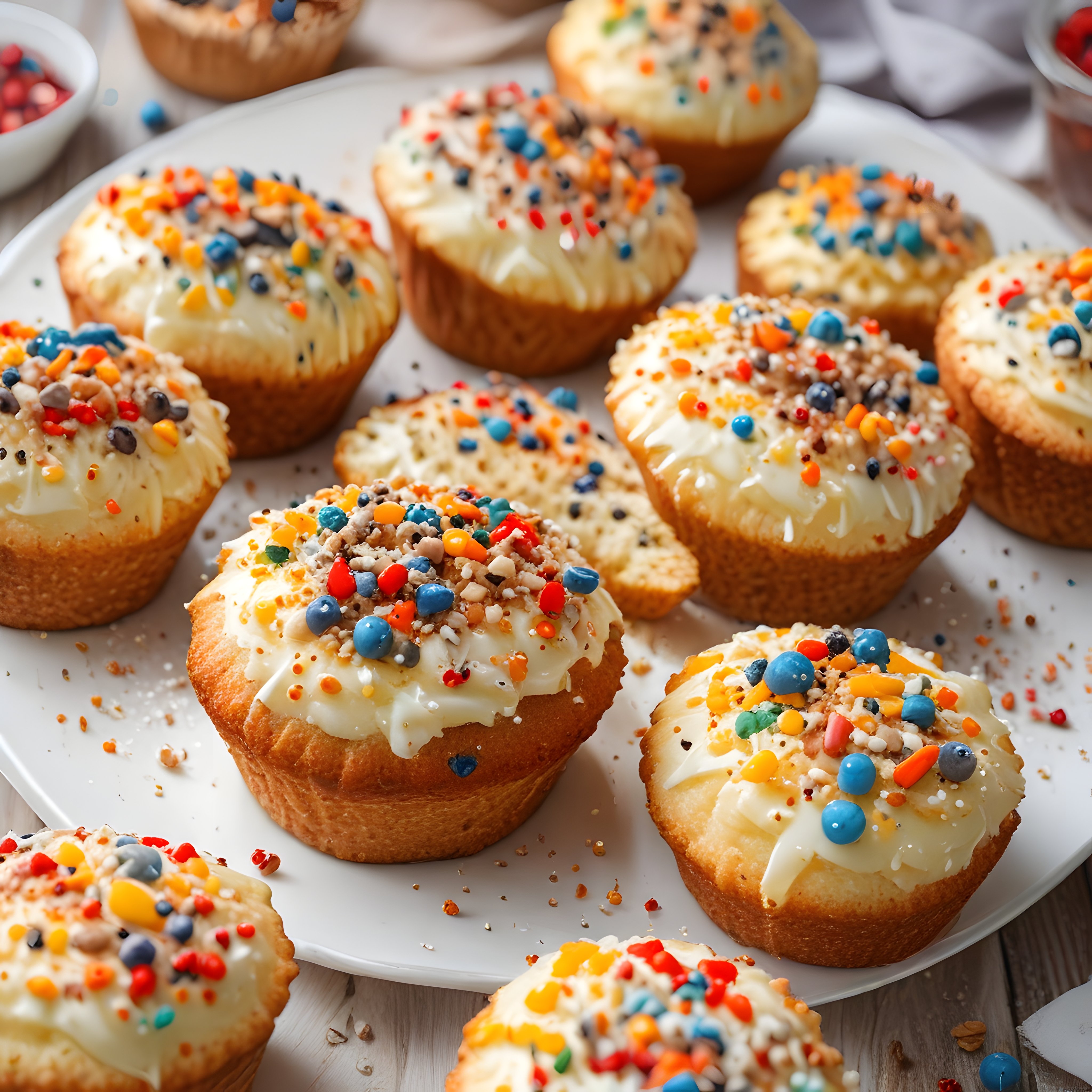 Beyaz krema üzerine serpilmiş renkli sprinklerlerle bezeli yumuşacık cupcakeler