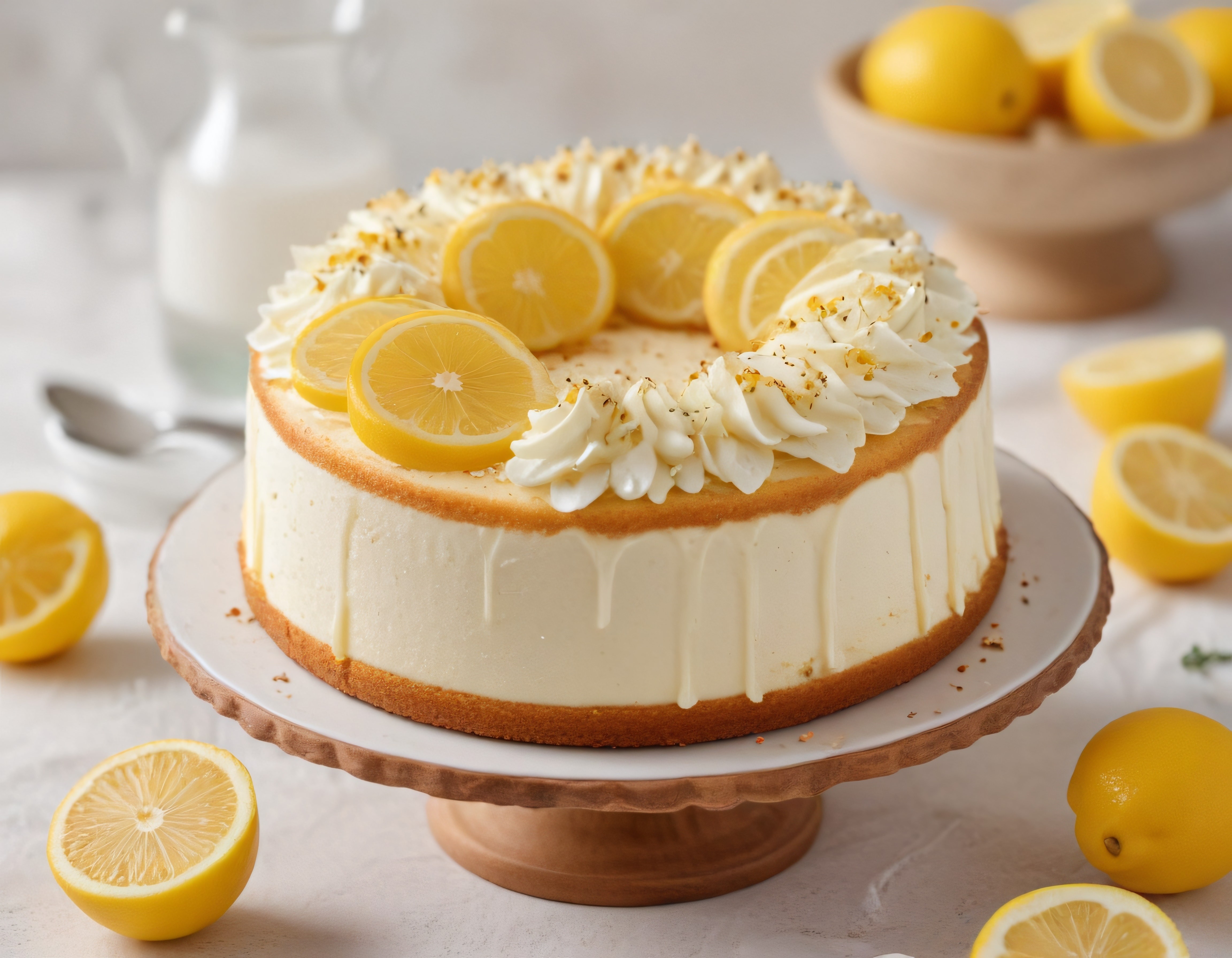 Beyaz Krema ve Limon Dilimleriyle Süslenmiş Cheesecake Tarifi