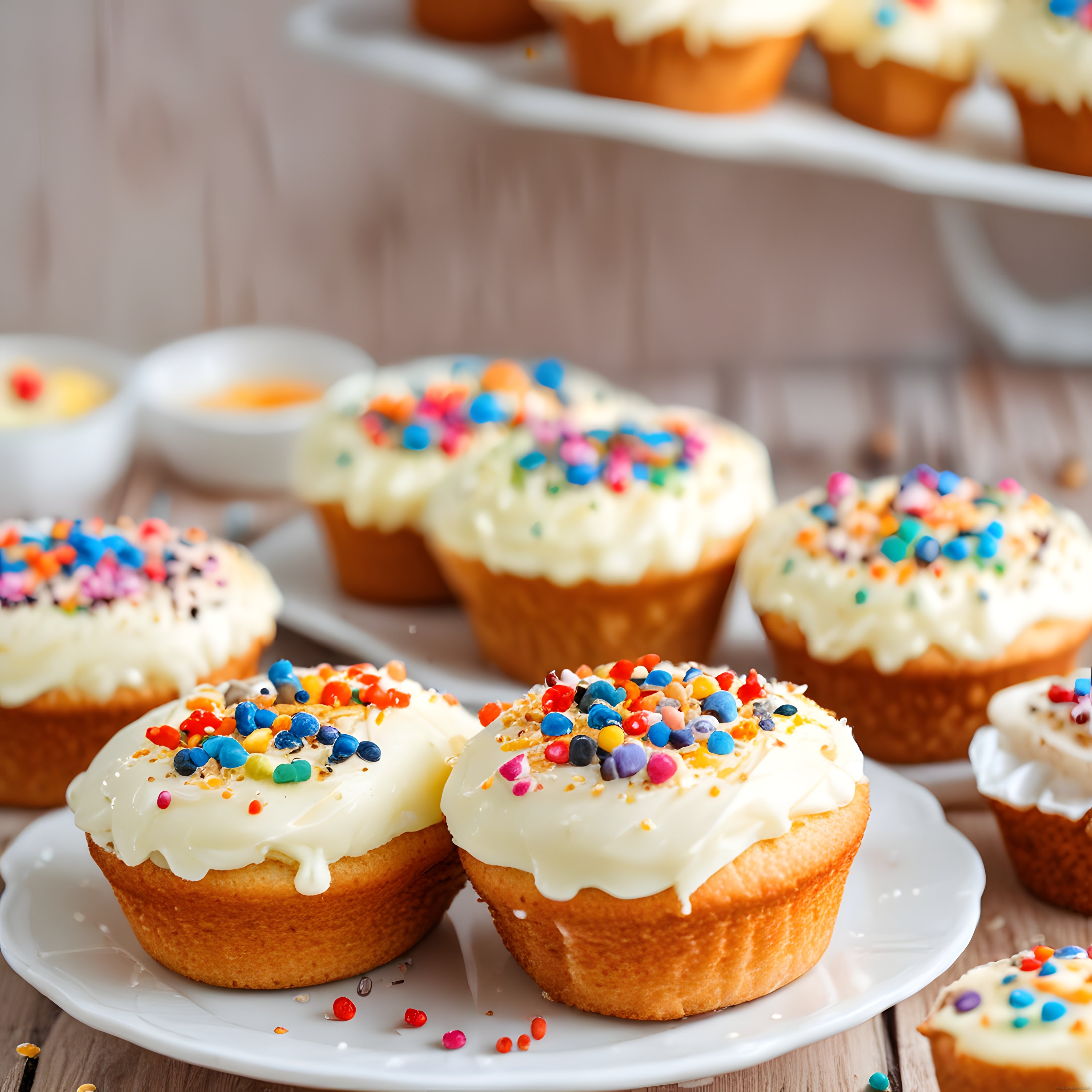 Beyaz Krema ve Renkli Serpintilerle Süslenmiş Lezzetli Cupcake'ler