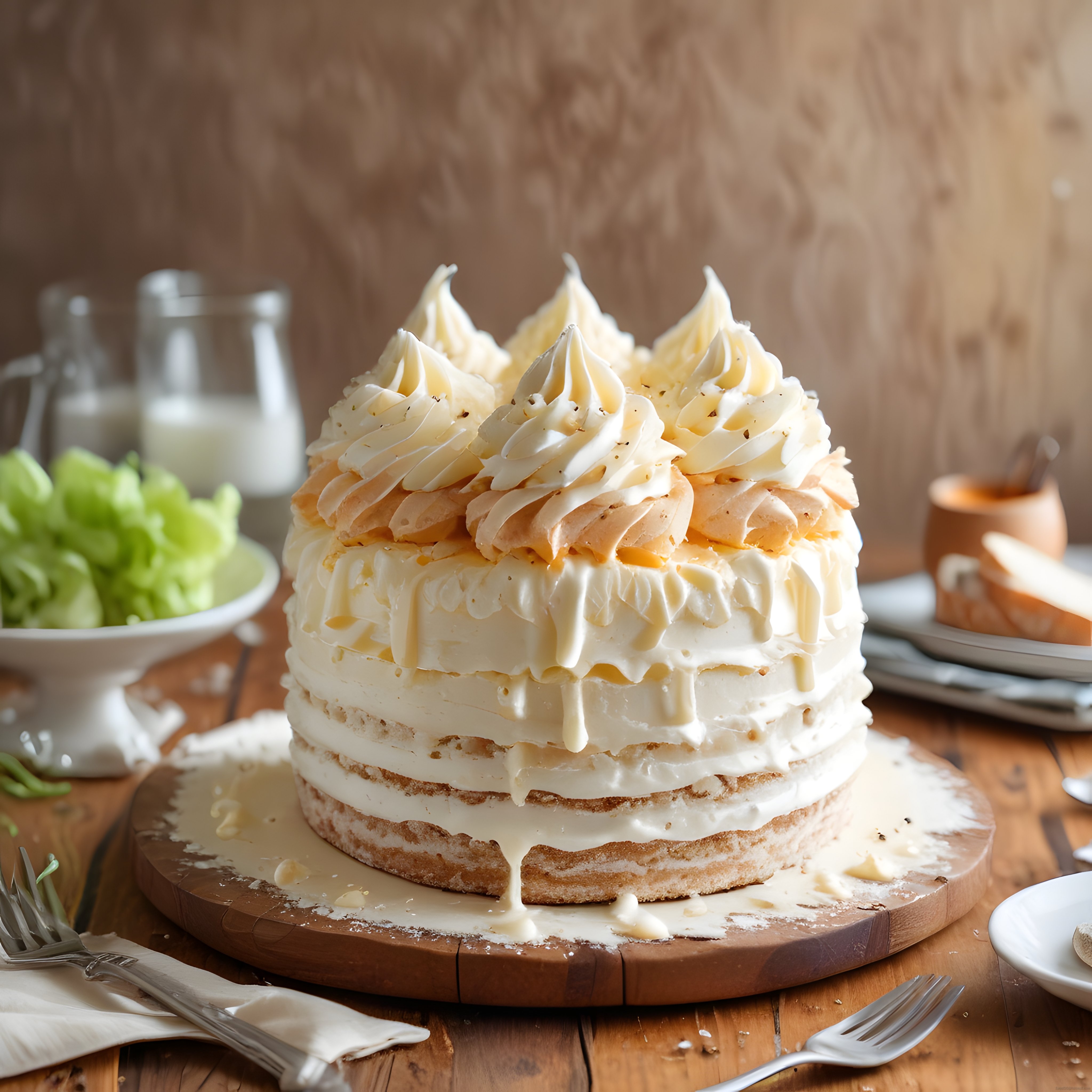 Beyaz Kremalı Akışkan Katlı Pasta ve Meringue Süslemeli Tatlı Sunumu
