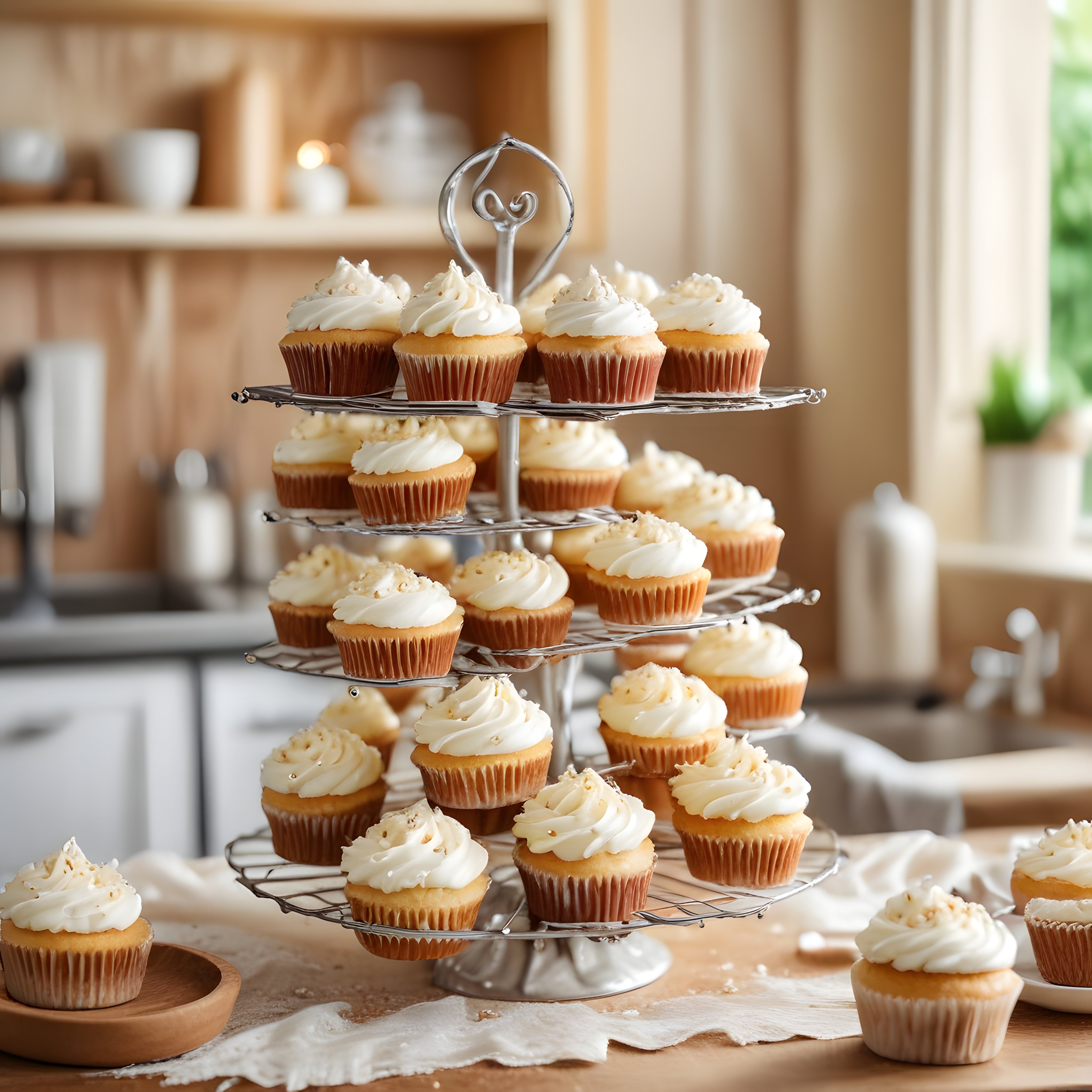 Beyaz Kremalı Cupcake'lerin Metal Standda Göz Alıcı Mutfak Sunumu