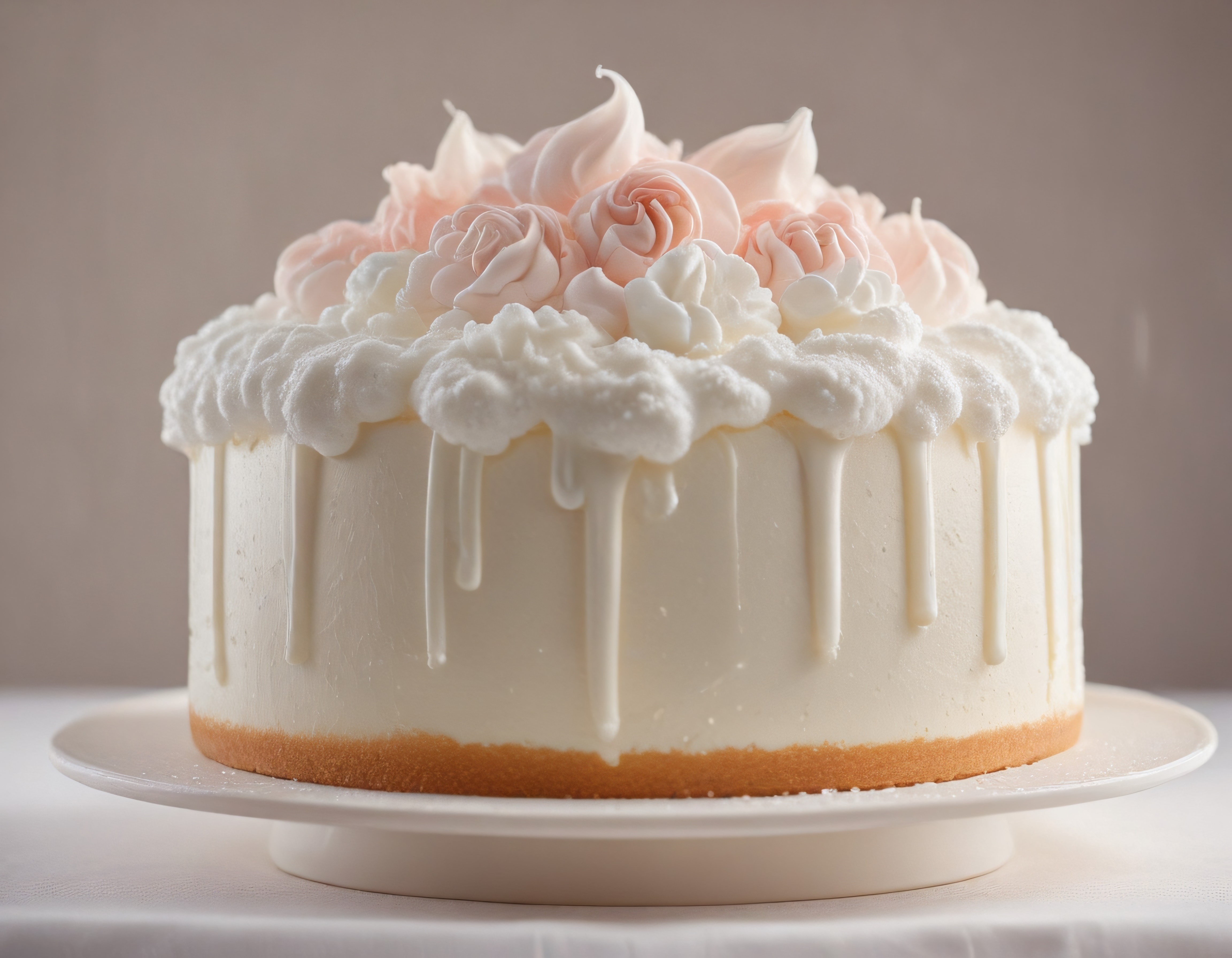 Beyaz kremalı damlama efektli pastel pembe çiçeklerle süslü özel gün pastası