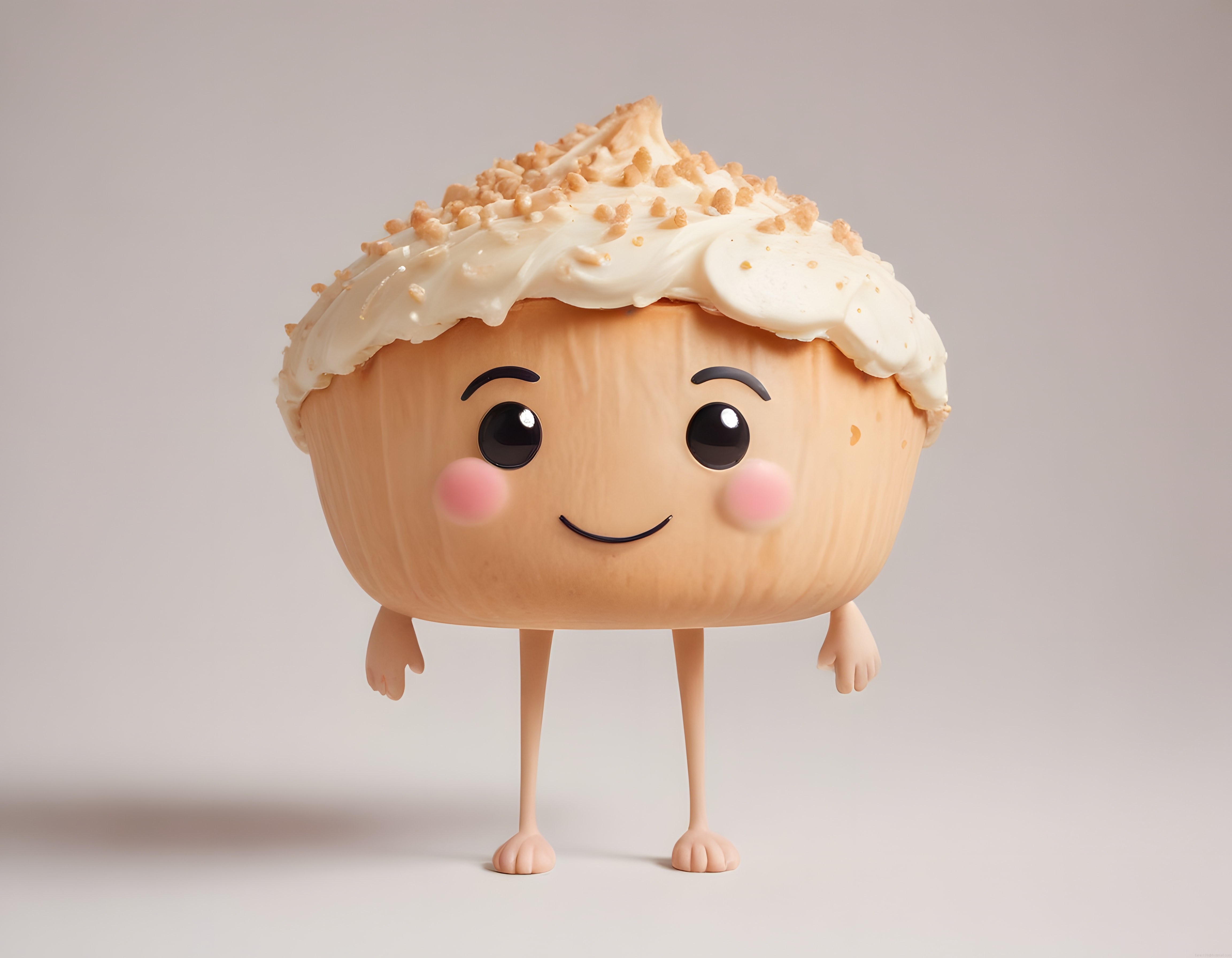Beyaz Kremalı ve Fındık Parçacıklı Sevimli Cupcake 3D Karakter Tasarımı