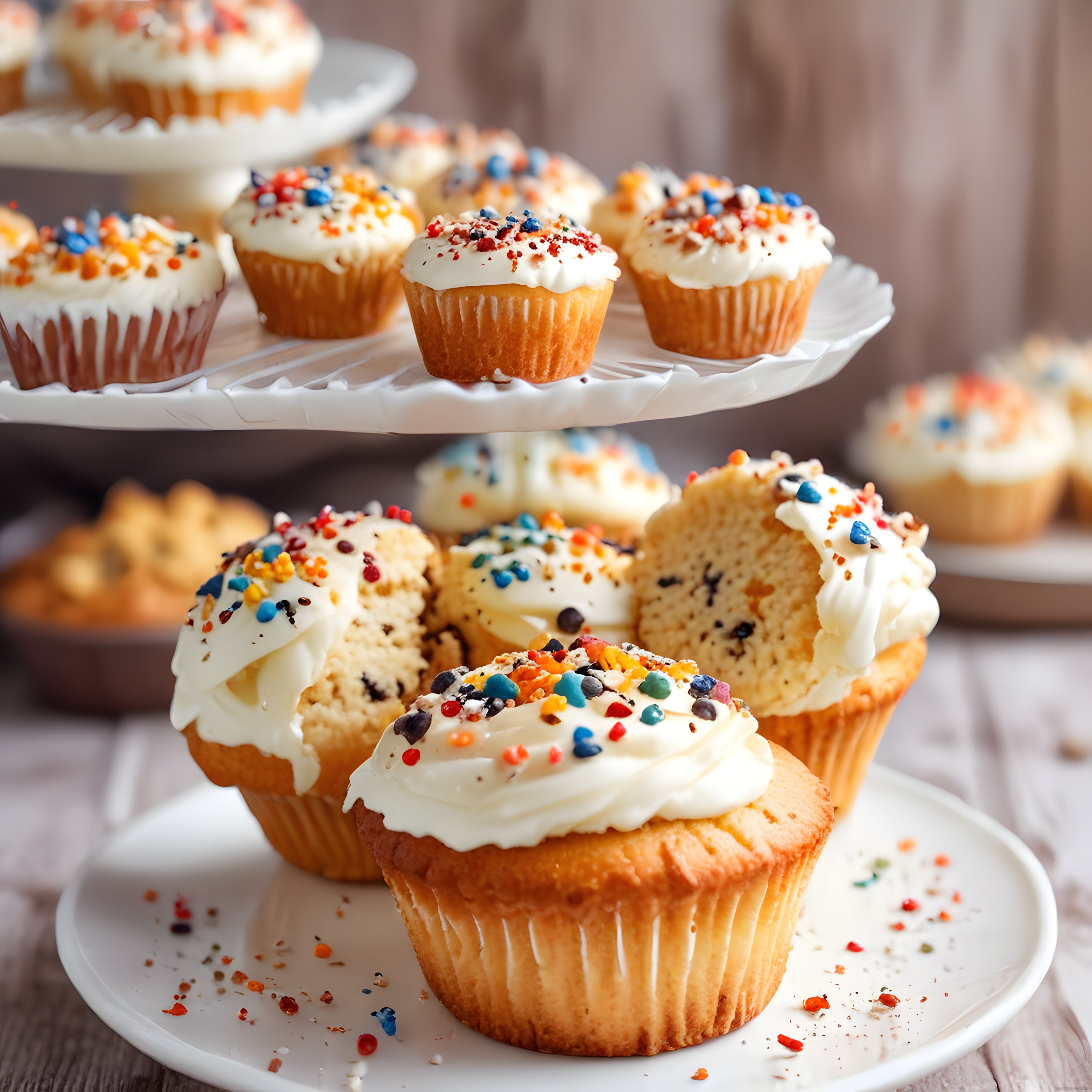 Beyaz Kremalı ve Renkli Şekerlemeli Cupcake'lerle Süslenmiş Tatlı Sunum