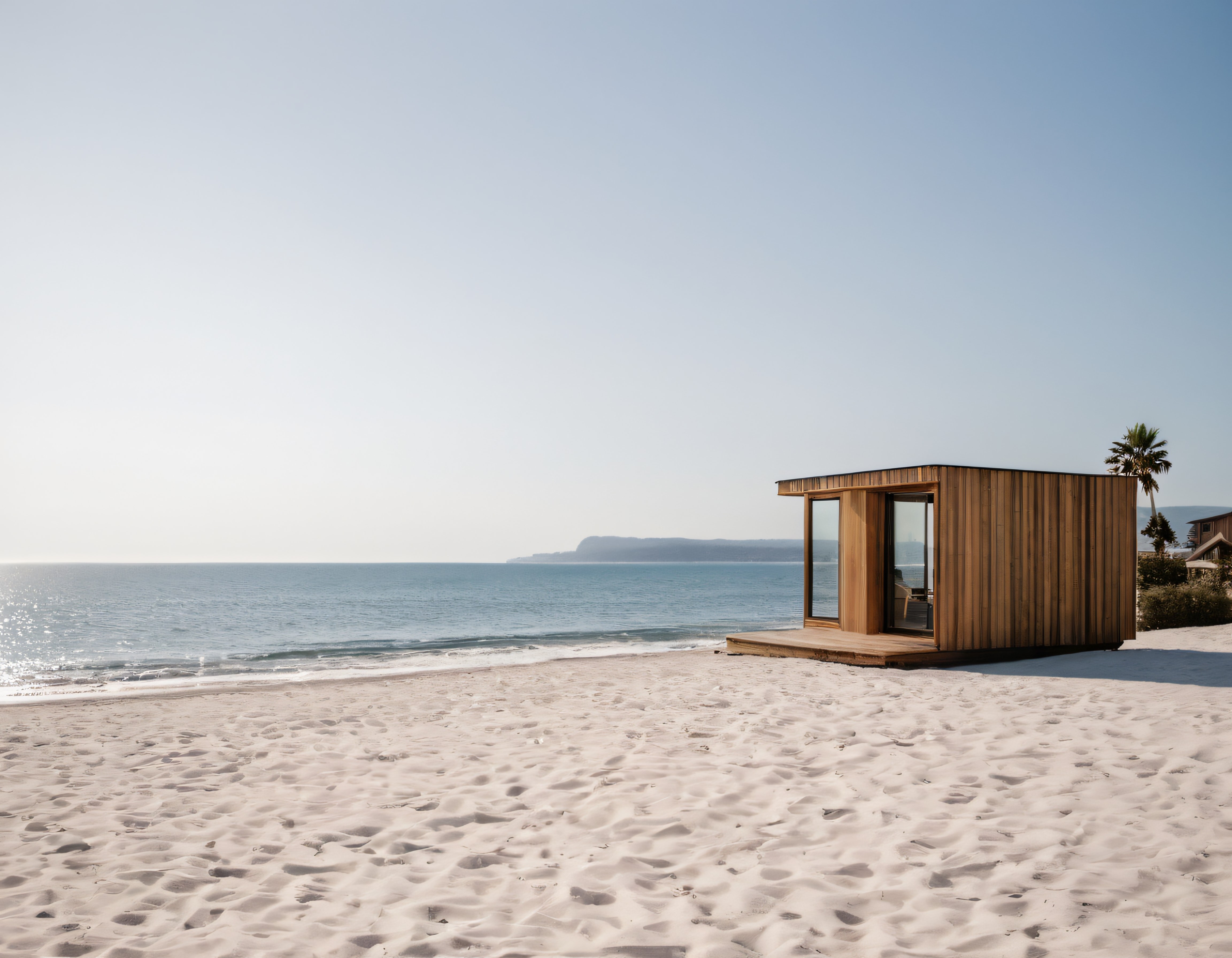 Beyaz kumsalda deniz manzaralı huzur dolu minimalist ahşap tatil kulübesi