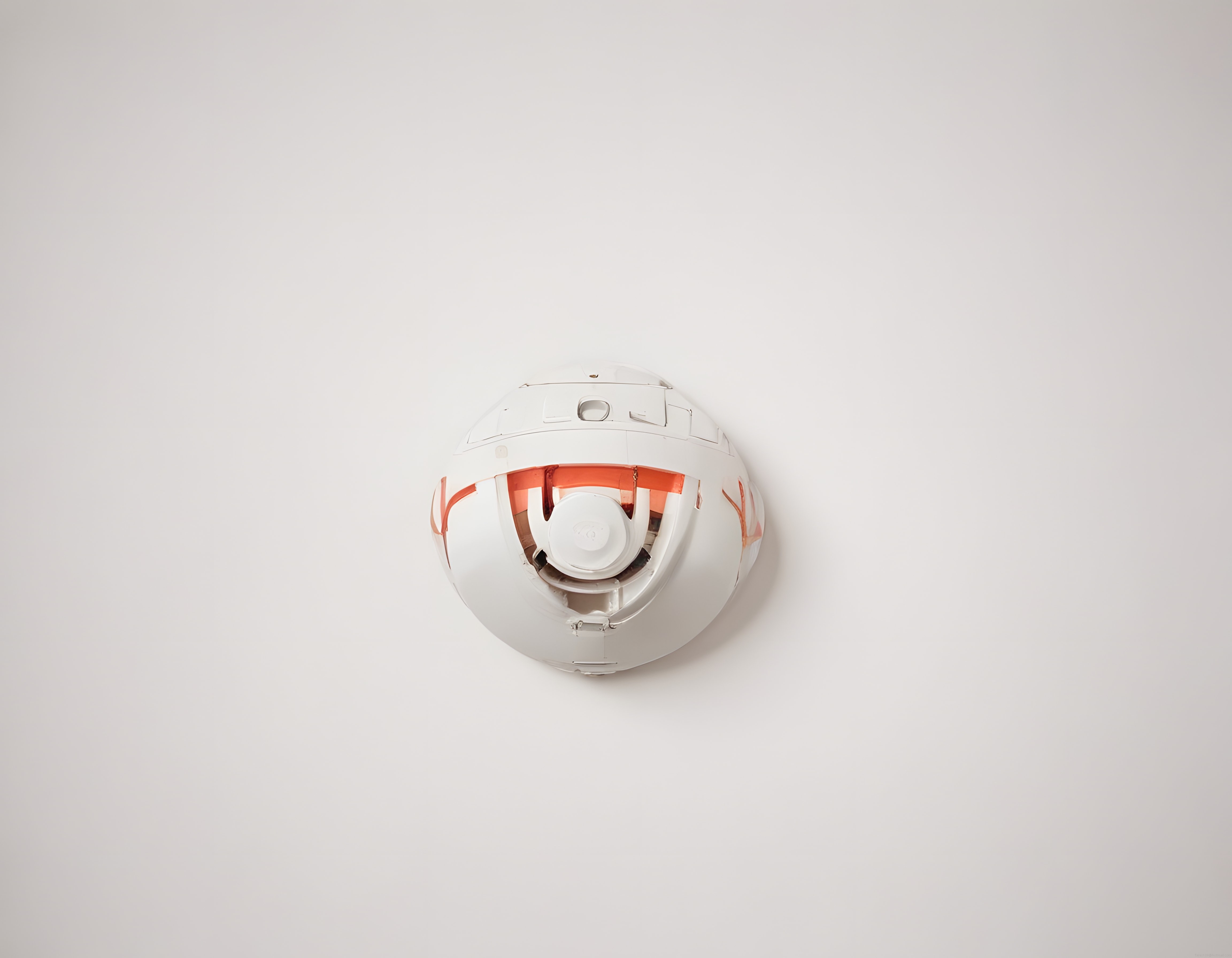 Beyaz küresel duvar robotu ve krem arka planlı minimalist teknoloji