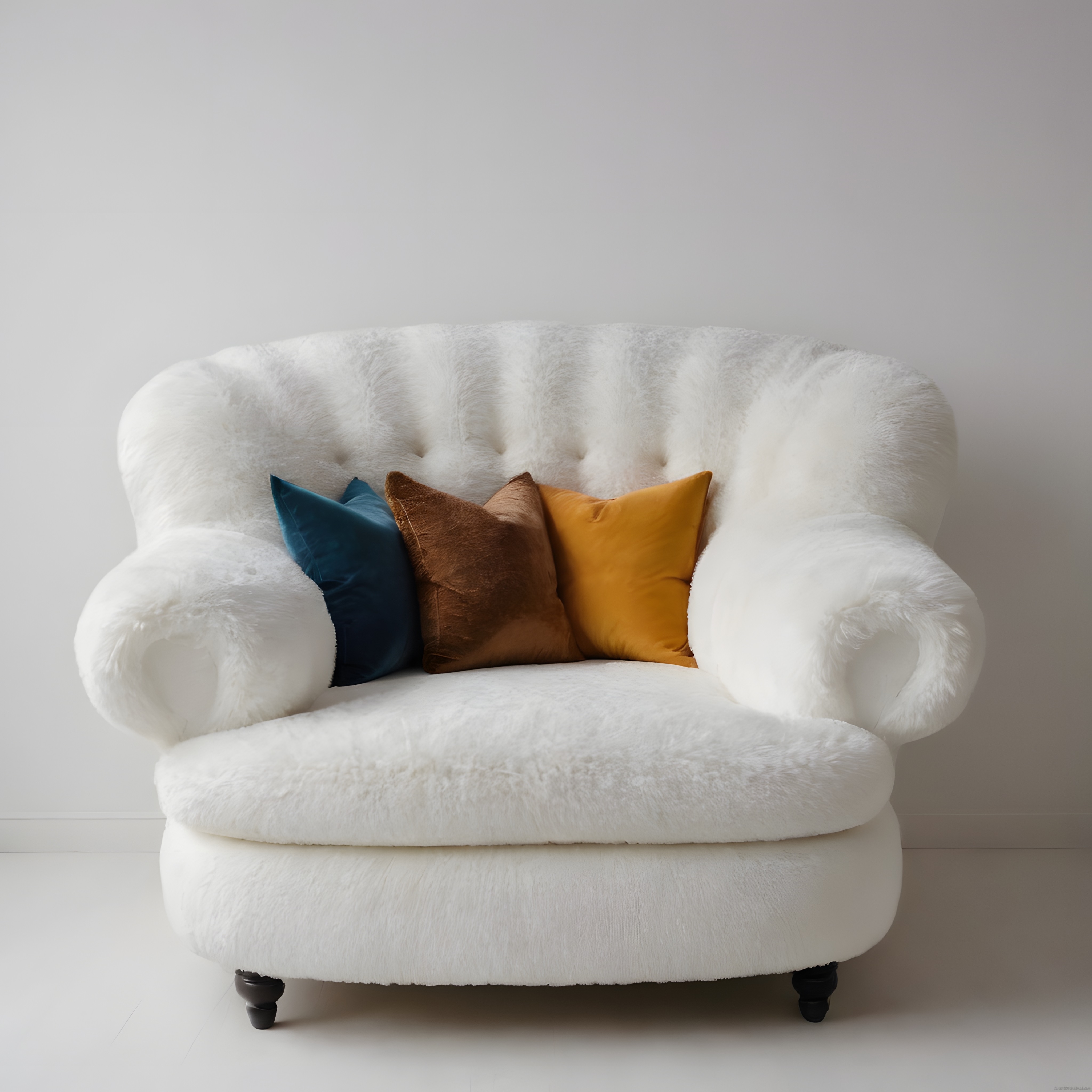 Beyaz Kürklü Chesterfield Koltuk ve Renkli Kadife Dekoratif Yastıklar