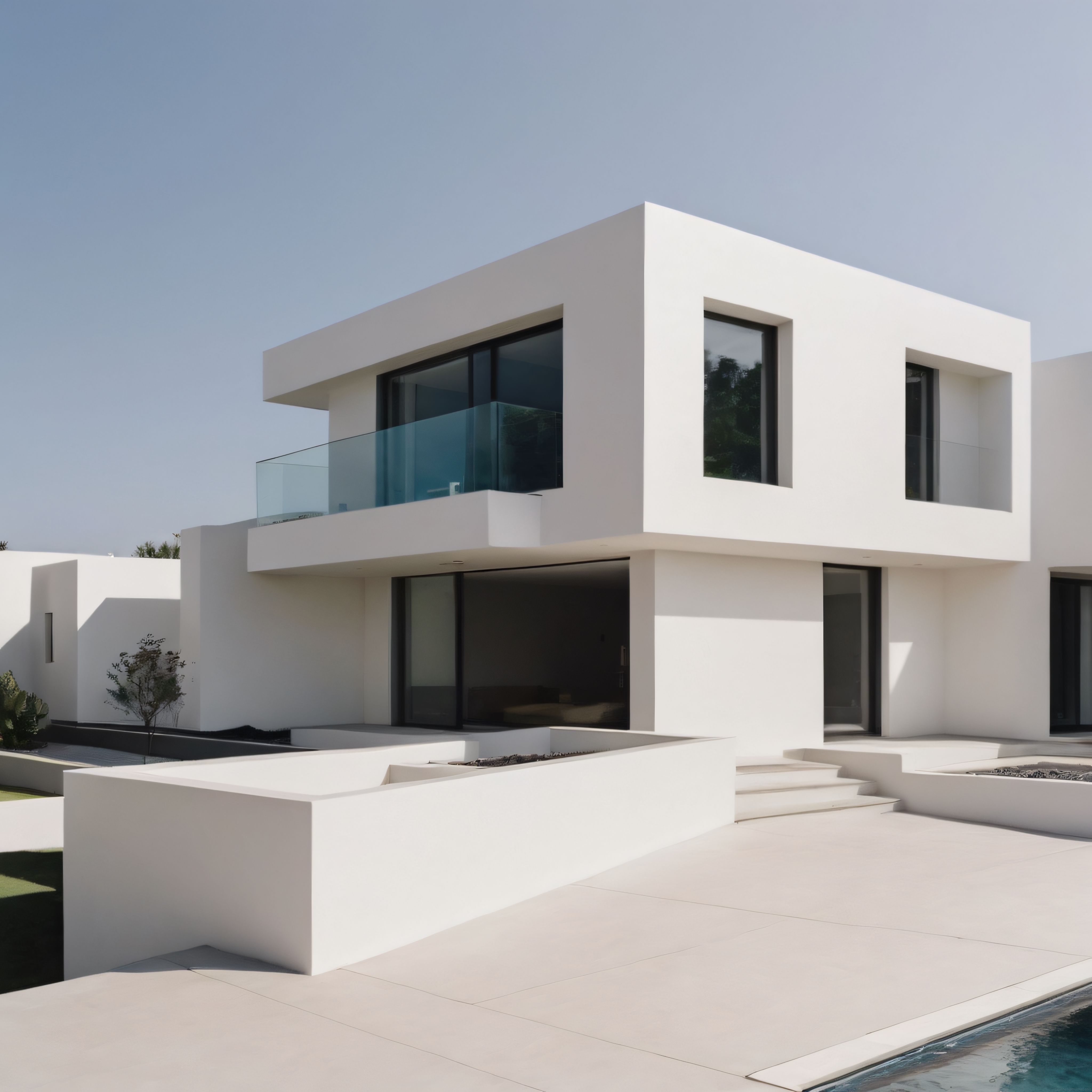 Beyaz kütleler ve cam yüzeylerle öne çıkan çağdaş mimari villa örneği