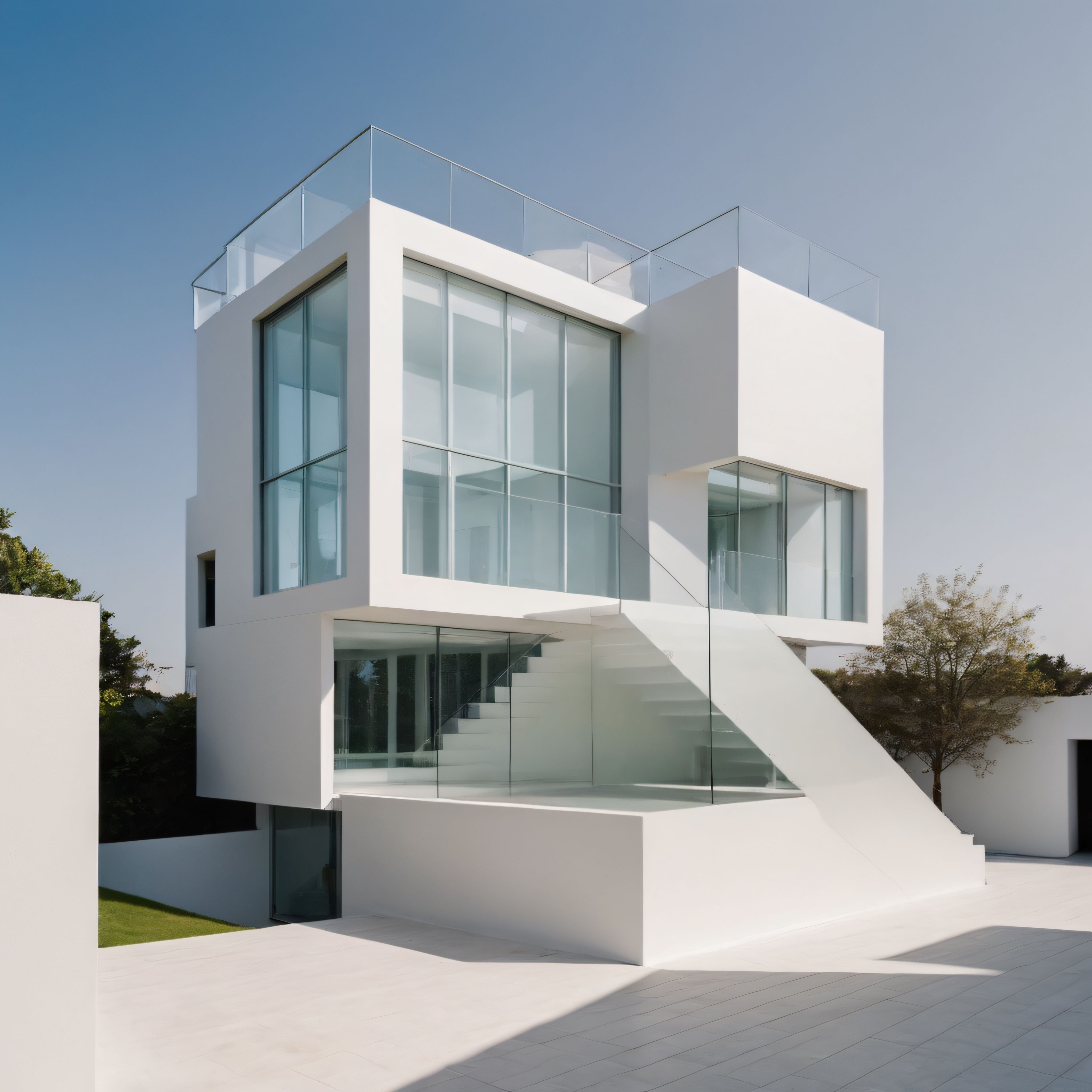 Beyaz Kütleli Modern Villa: Cam Korkuluklu Teras ve Minimalist Mimari