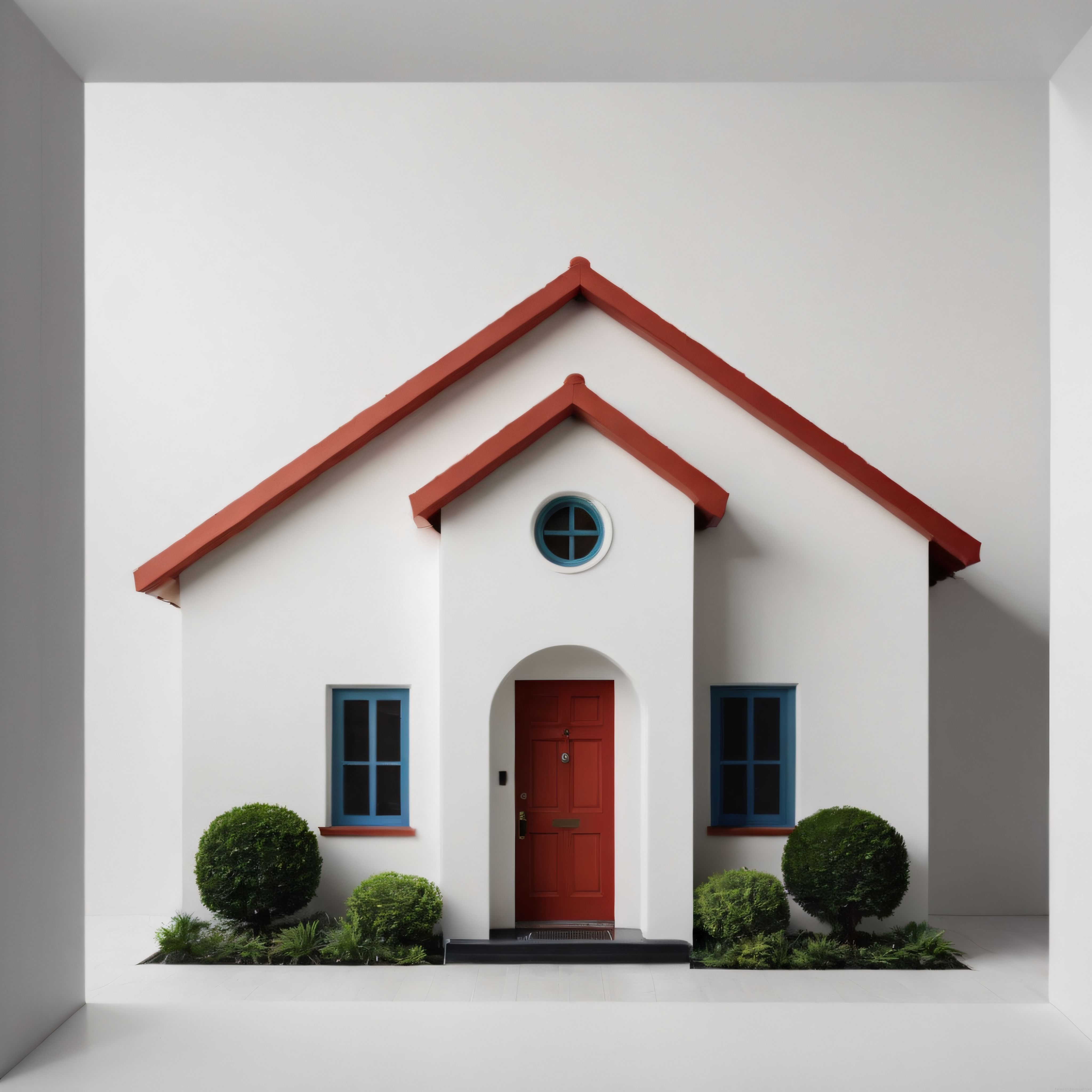 Beyaz Kutuda Kırmızı Çatılı Minimal Maket Ev ve Mavi Pencere Detayları