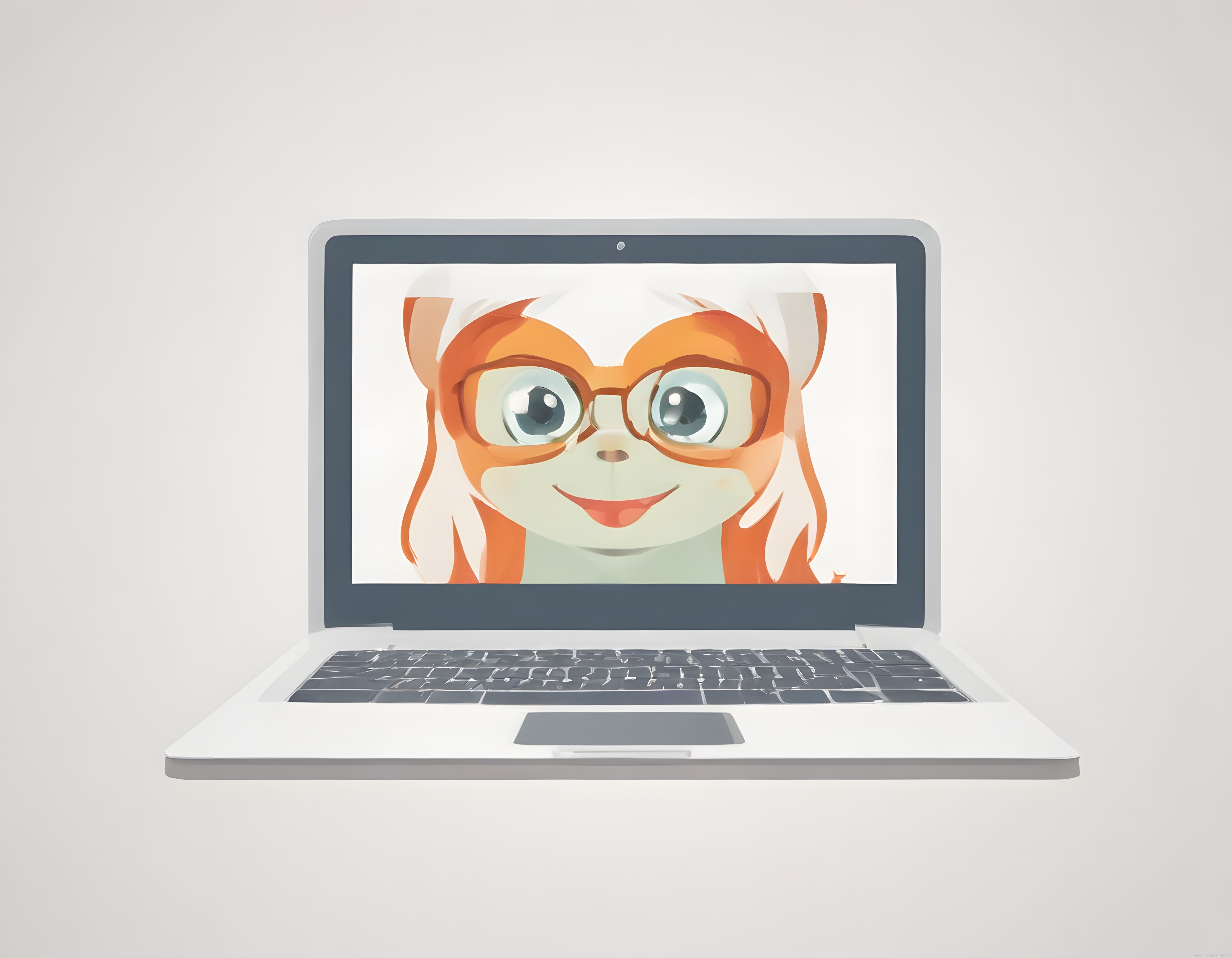 Beyaz Laptop Ekranında Gözlüklü Turuncu Saçlı Sevimli Animasyon Kız Karakteri
