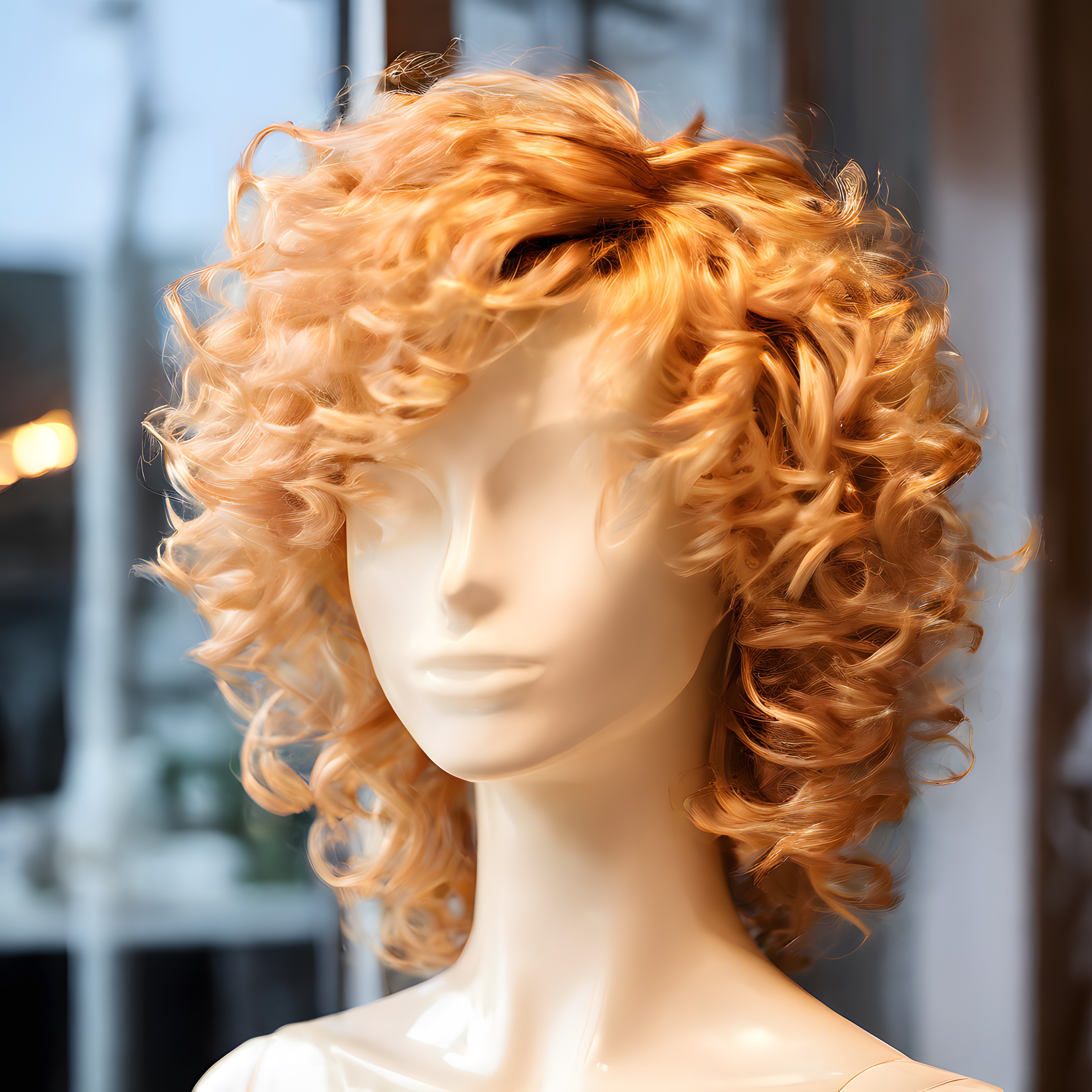 Beyaz Manken Üzerinde Tarçın Rengi Kıvırcık Peruk ve Modern Saç Modeli