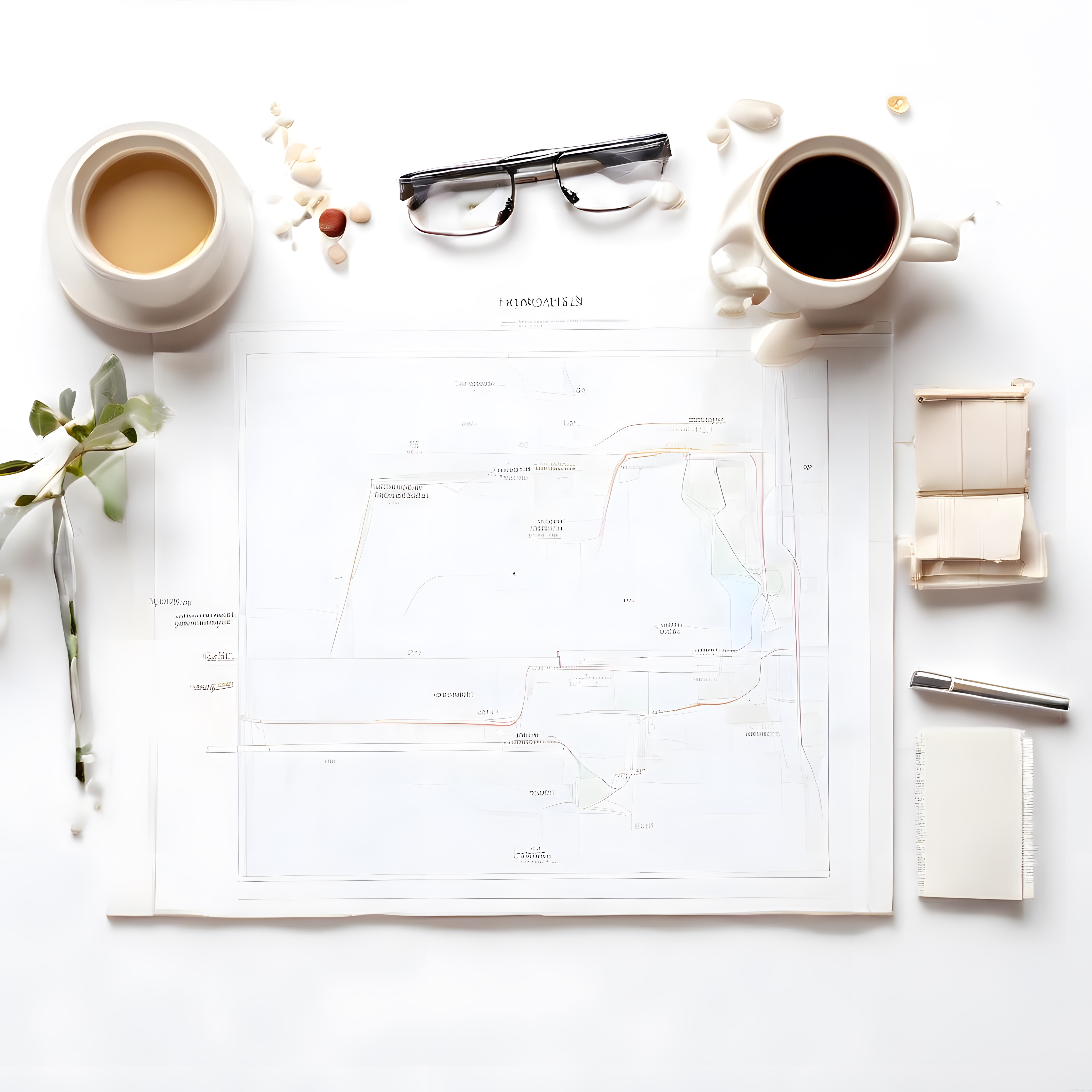 Beyaz Masa Düzeni: Kahve, Harita ve Gözlükle Minimalist Flat Lay Fotoğraf