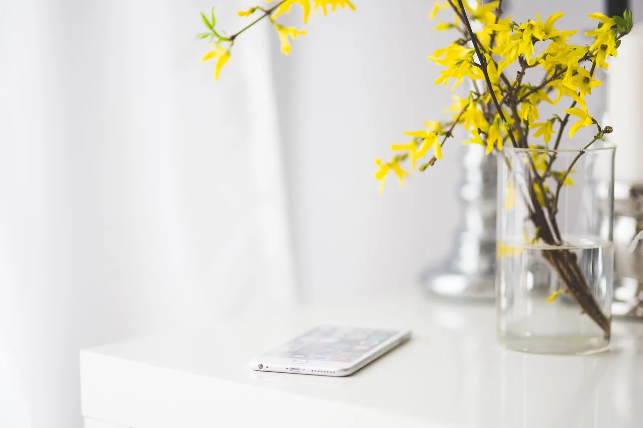 Beyaz masa üstünde iPhone 6 plus ve çiçekli duvar kağıdı