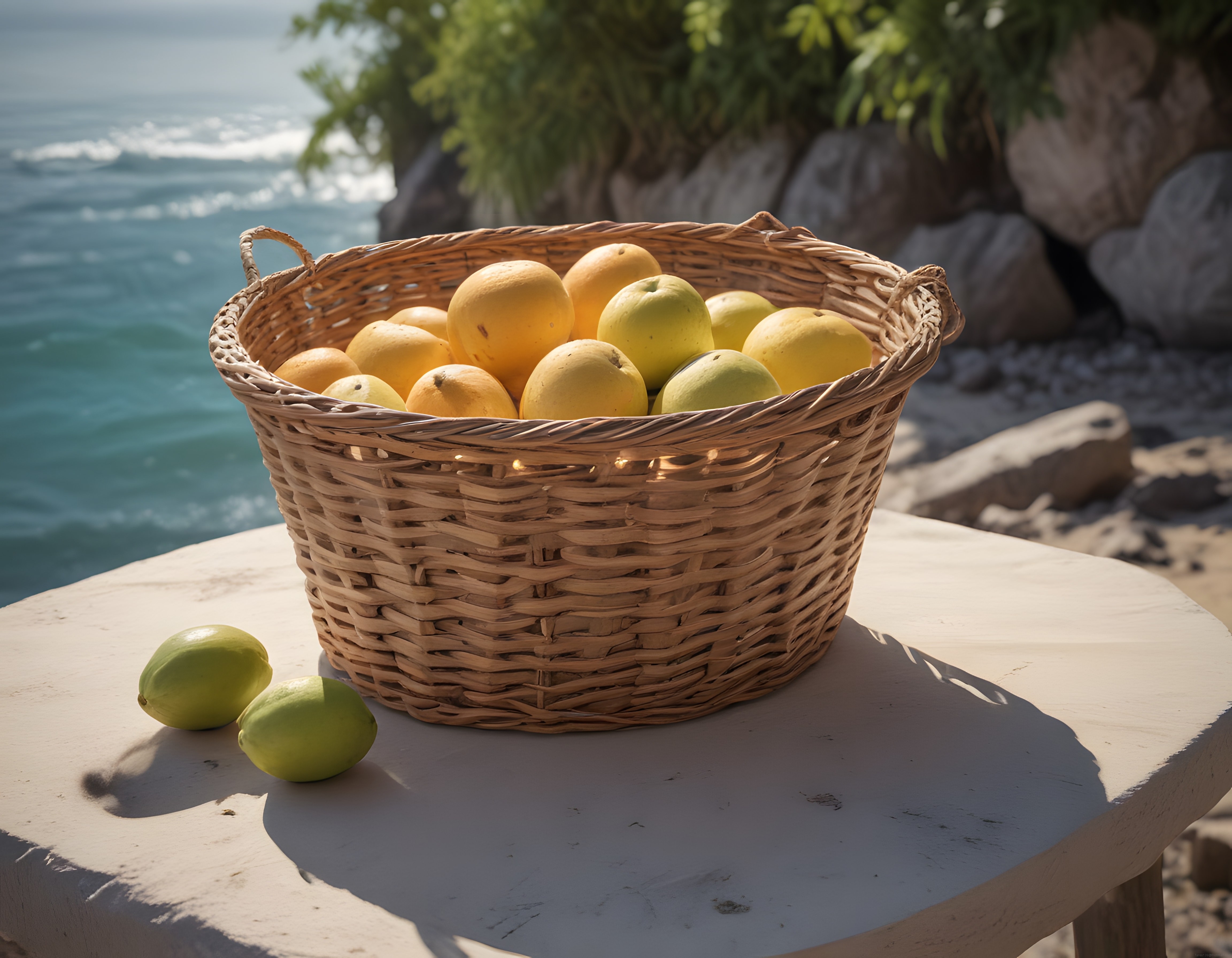 Beyaz Masada Hasır Sepet Dolusu Limon ve Misket Limonu Deniz Manzarası
