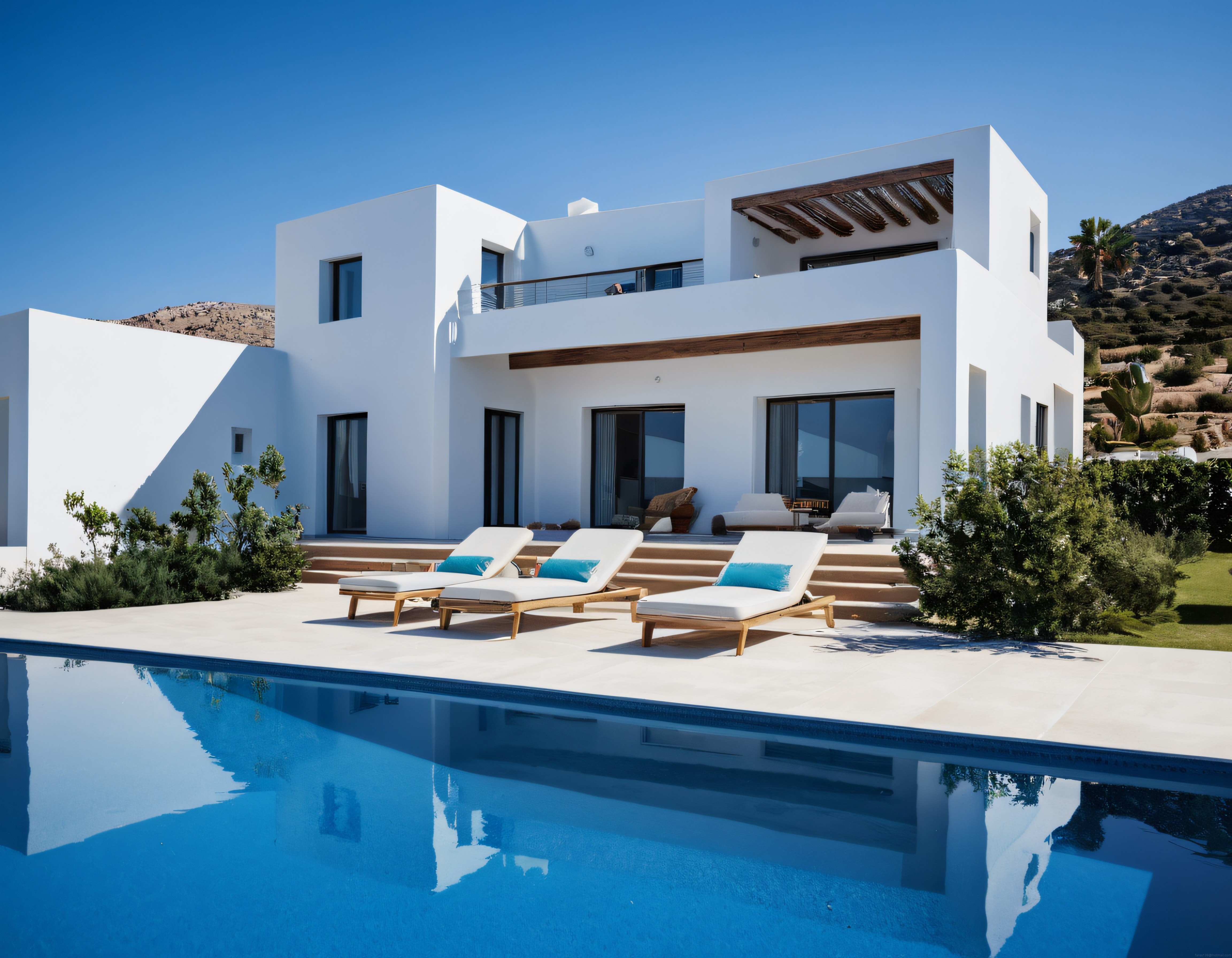 Beyaz Mimariyle Öne Çıkan Lüks Villa, Havuz ve Panoramik Doğa Manzaralı Tatil Köyü